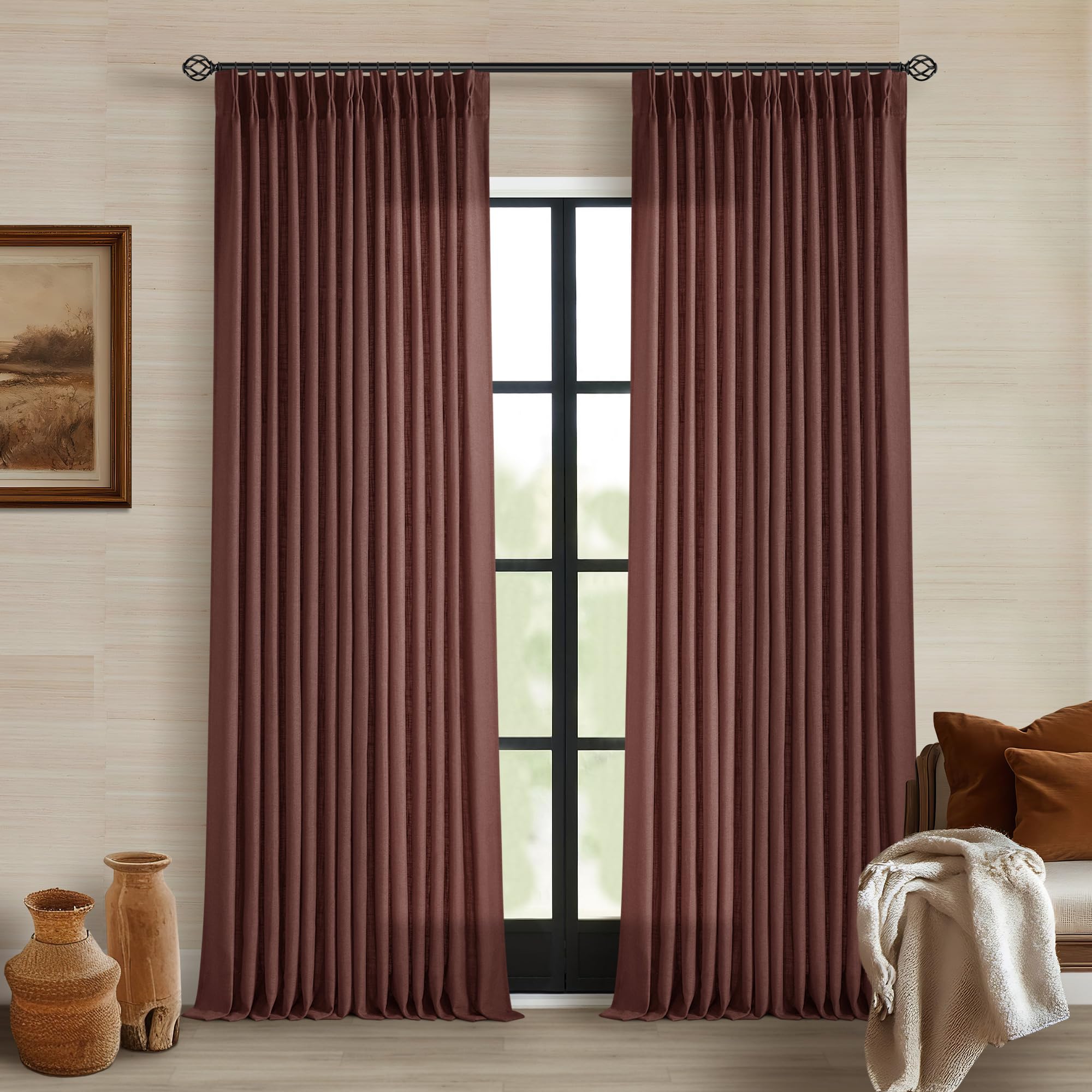 Pinch Pleated Linen Curtains 108 Inches Long for Living Room 2 Panels Set Cream Ivory Flax Double Pleated Drapes Back Tab Neutral Boho Ceiling Floor 108 Inch Window Curtains Bedroom Natural Birch