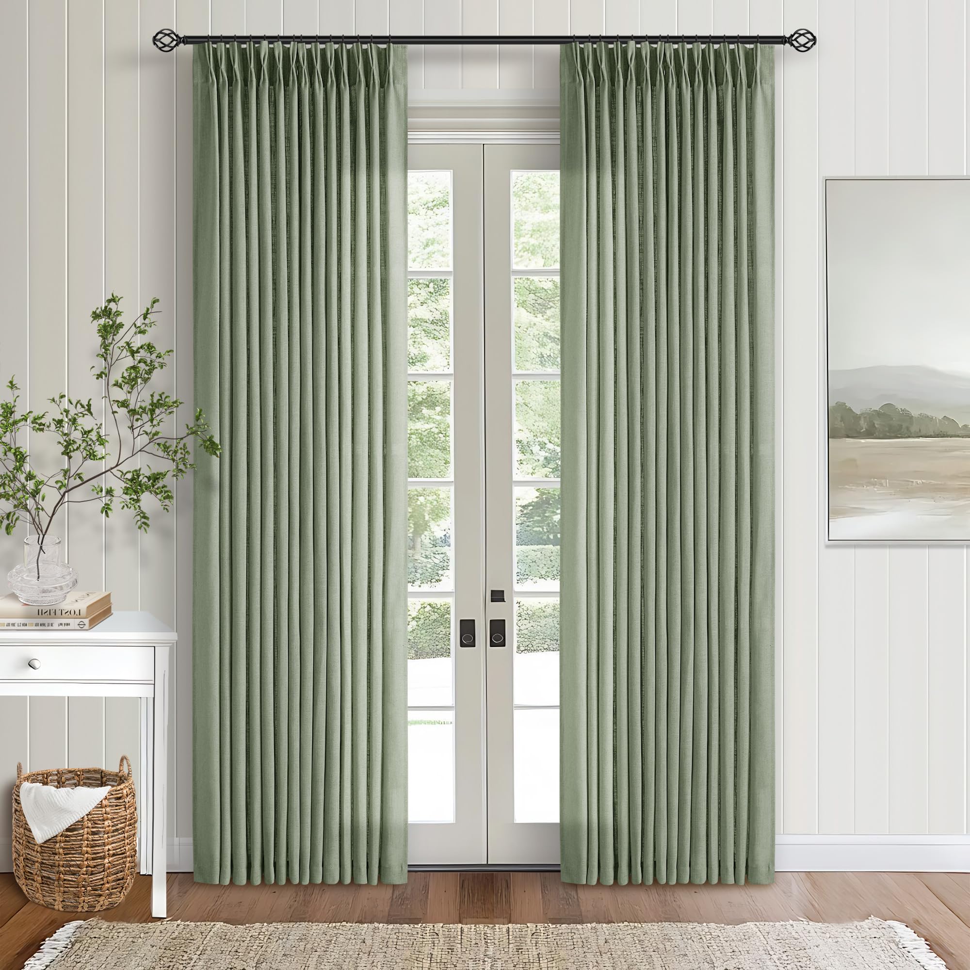 Pinch Pleated Linen Curtains 108 Inches Long for Living Room 2 Panels Set Cream Ivory Flax Double Pleated Drapes Back Tab Neutral Boho Ceiling Floor 108 Inch Window Curtains Bedroom Natural Birch