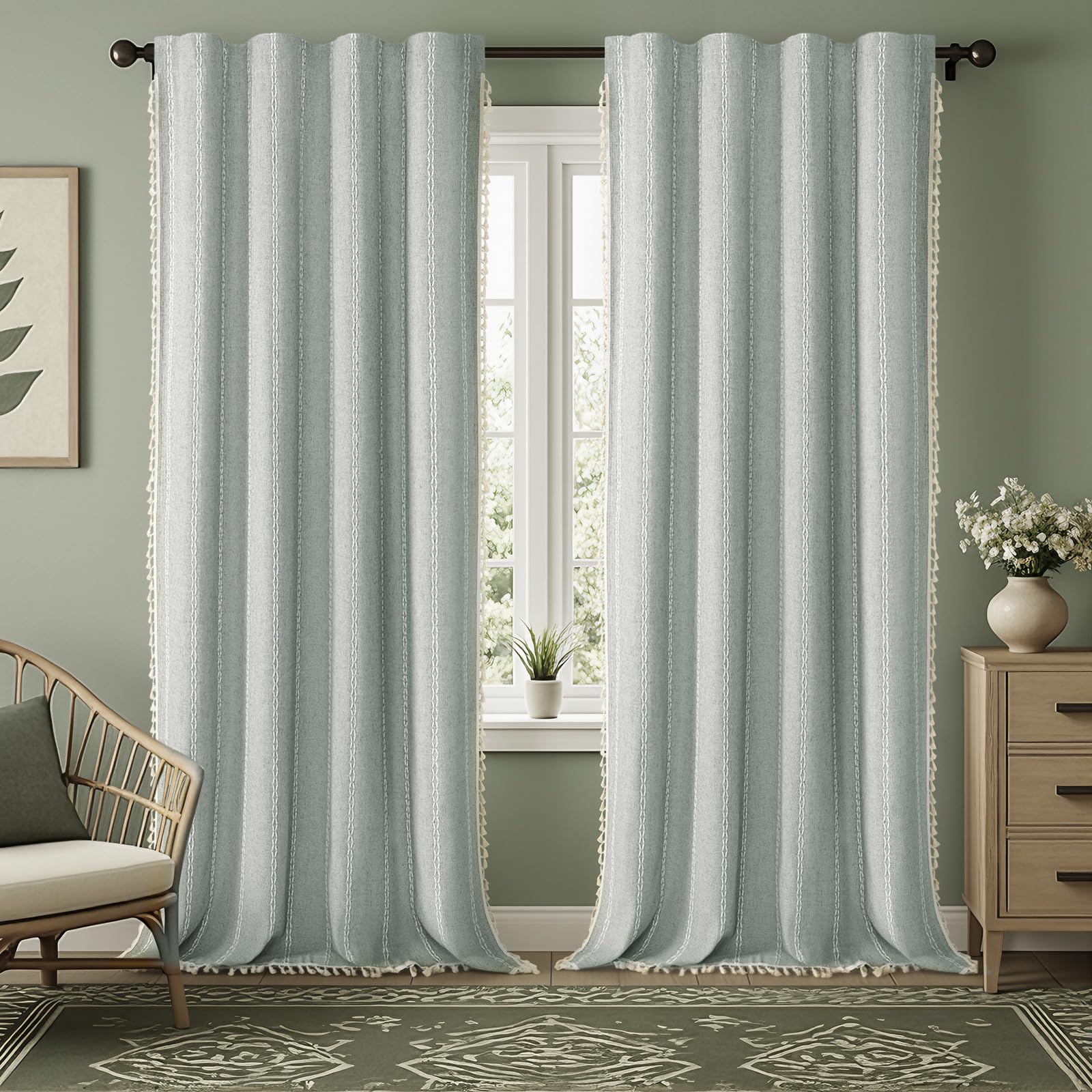 Boho Blackout Curtains 2 Panels 84 Inch for Living Room Bedroom, Beige Linen Texture Farmhouse Curtains with Tassels and Cotton Embroidery Vintage Rustic Western Rod Pocket
