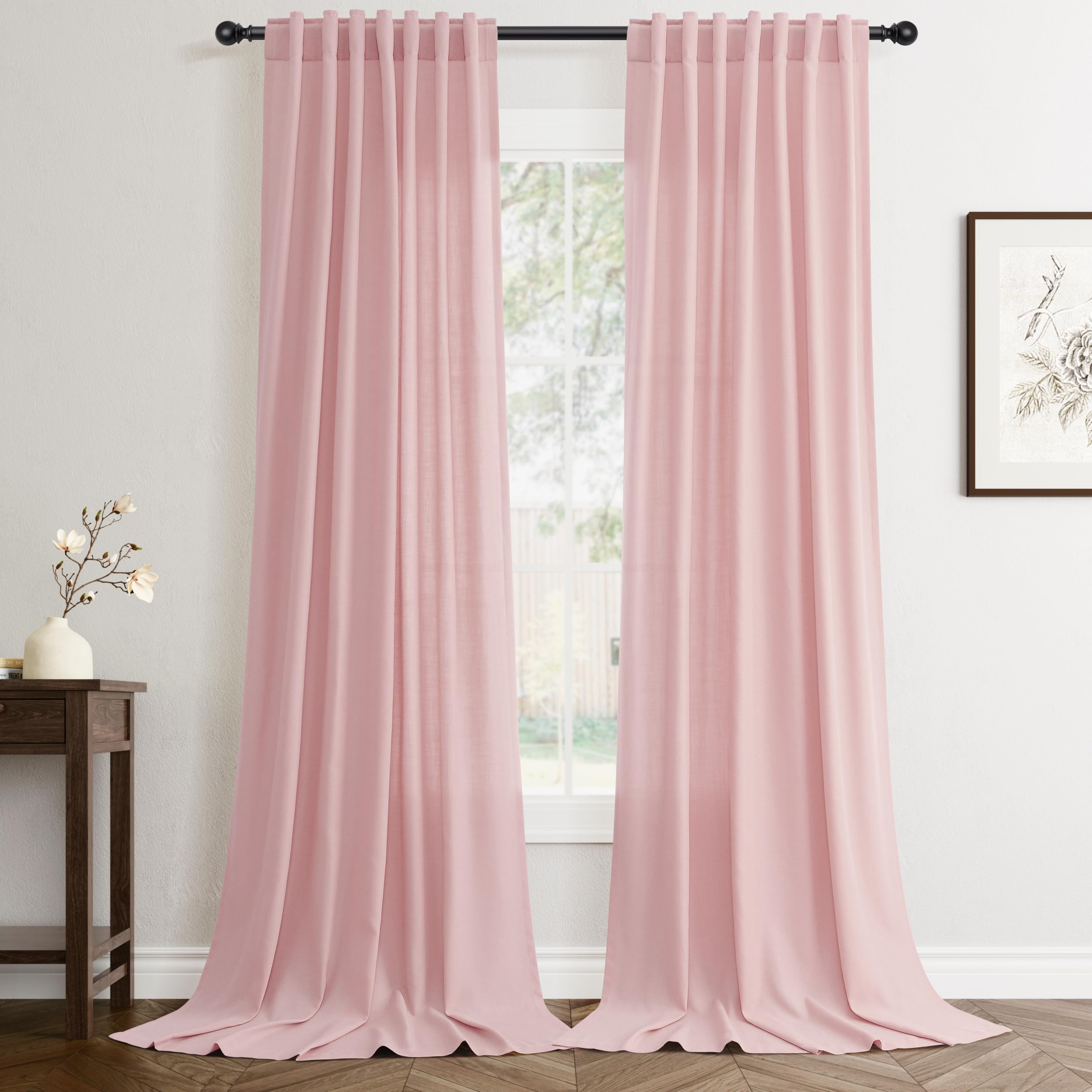 Flax Linen Beige Curtains 96 inches Long 2 Panel for Living Room Back Tab Pocket Drapes Semi Sheer Privacy Khaki Window Curtain Country Rustic Farmhouse Cloth Curtain for Dinning Room Tan