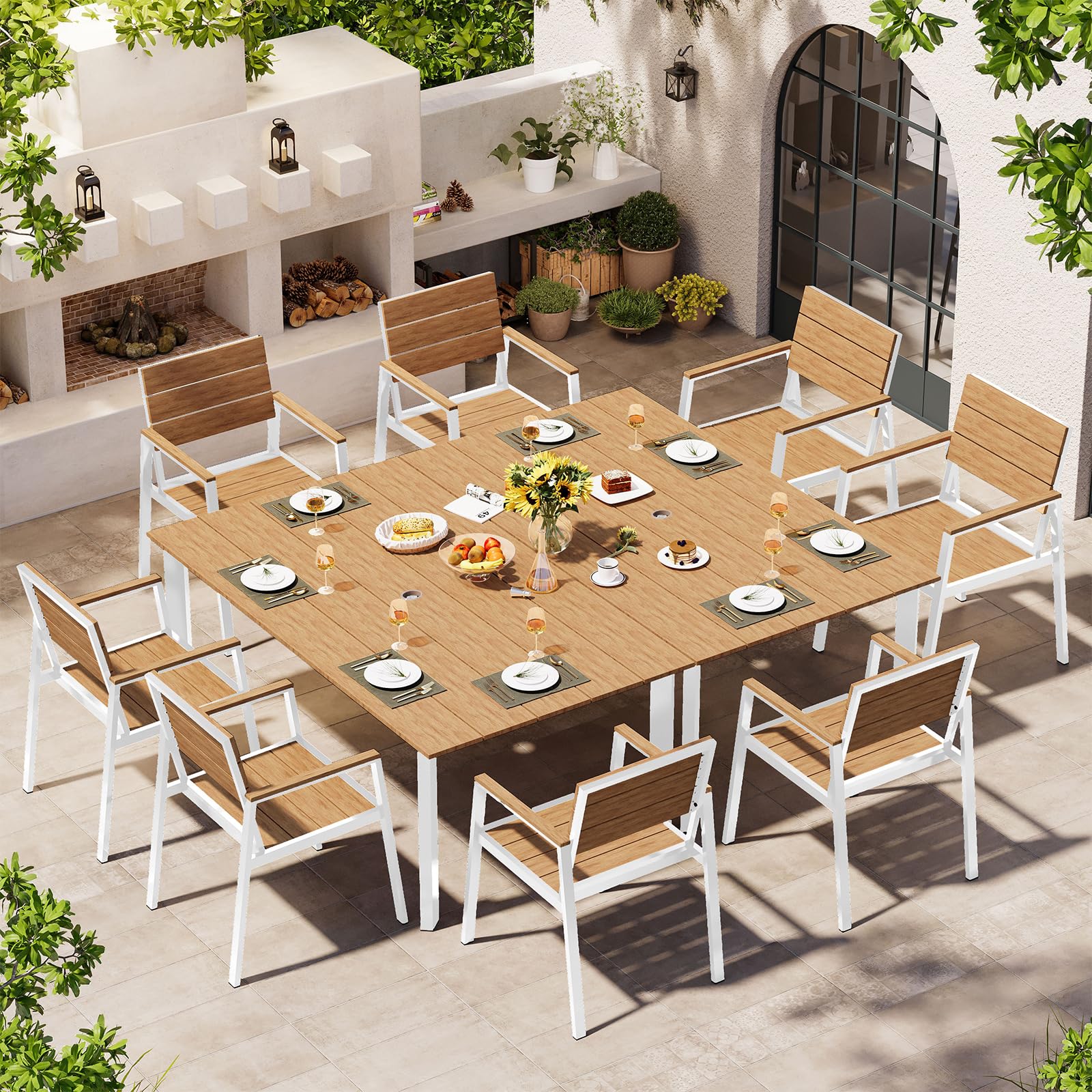 Outdoor Dining Set, Patio Table and Chairs Set with Umbrella Hole, 7 Pieces HDPS + Aluminum Patio Dining Furniture Set for Backyard, Garden (Gray & Teak)