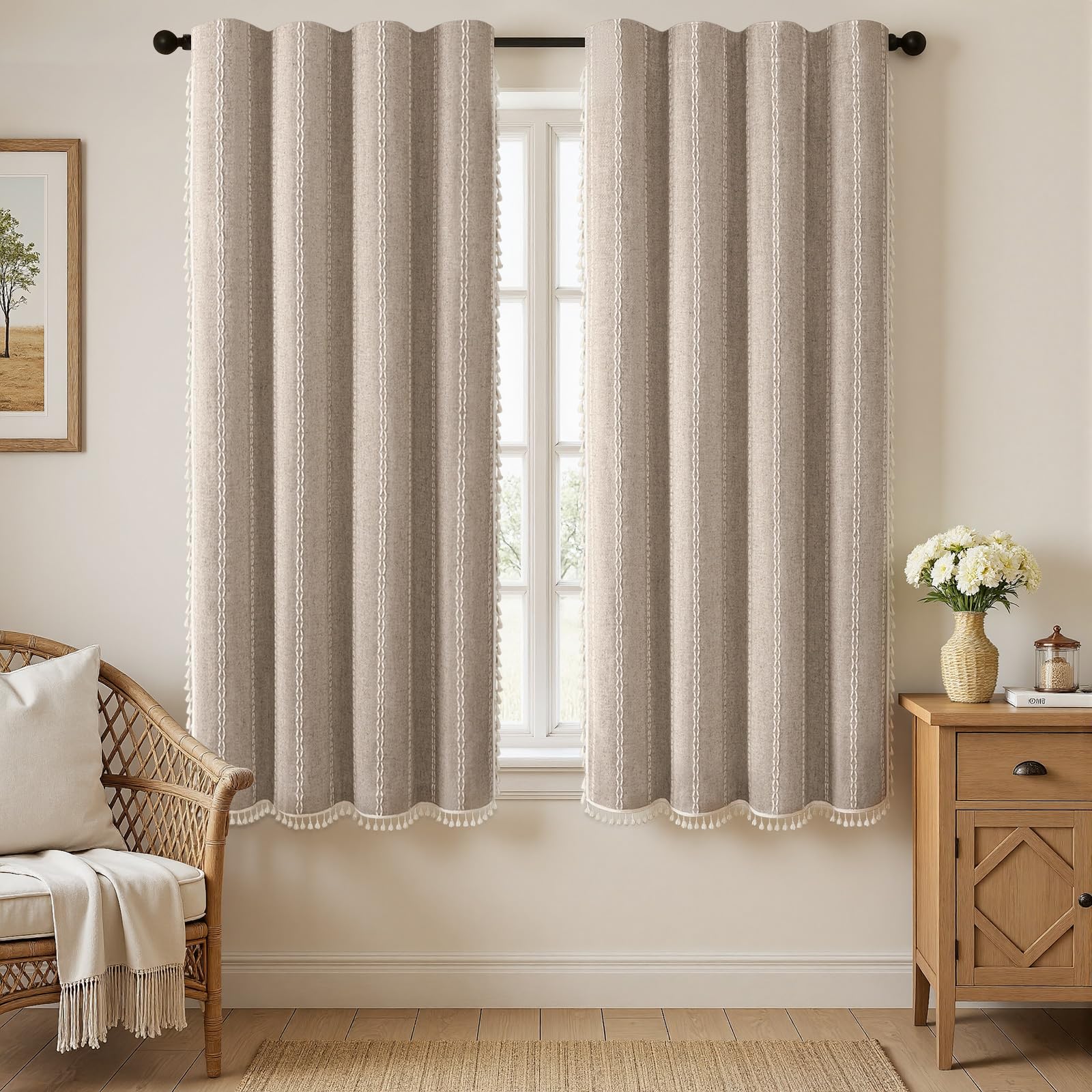 Boho Blackout Curtains 2 Panels 84 Inch for Living Room Bedroom, Beige Linen Texture Farmhouse Curtains with Tassels and Cotton Embroidery Vintage Rustic Western Rod Pocket