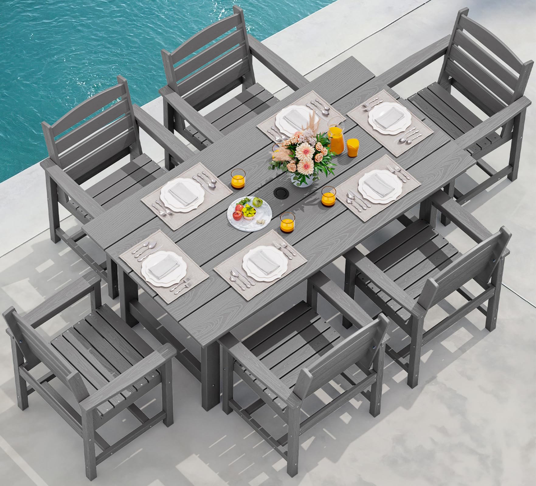 SERWALL Patio Dining Sets for 6 Person, HDPE Dining Set with 6 Armless Chairs, Black