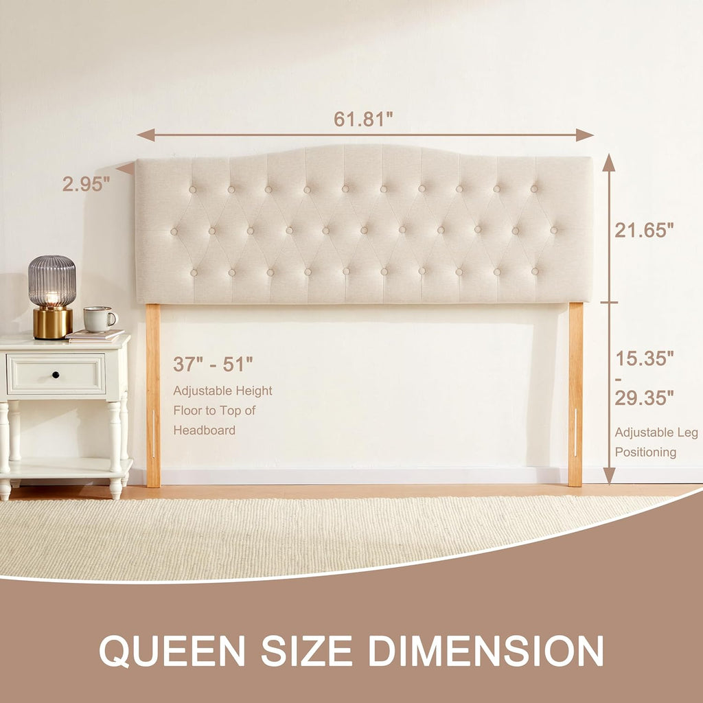 Huatean Home Tufted Upholstered Headboard Queen Size, Sturdy and Durable Solid Wood Bed headboard, Fabric Headboard Adjustable Height from 37” to 51”, Modern Button Diamond Design Head Board, Beige