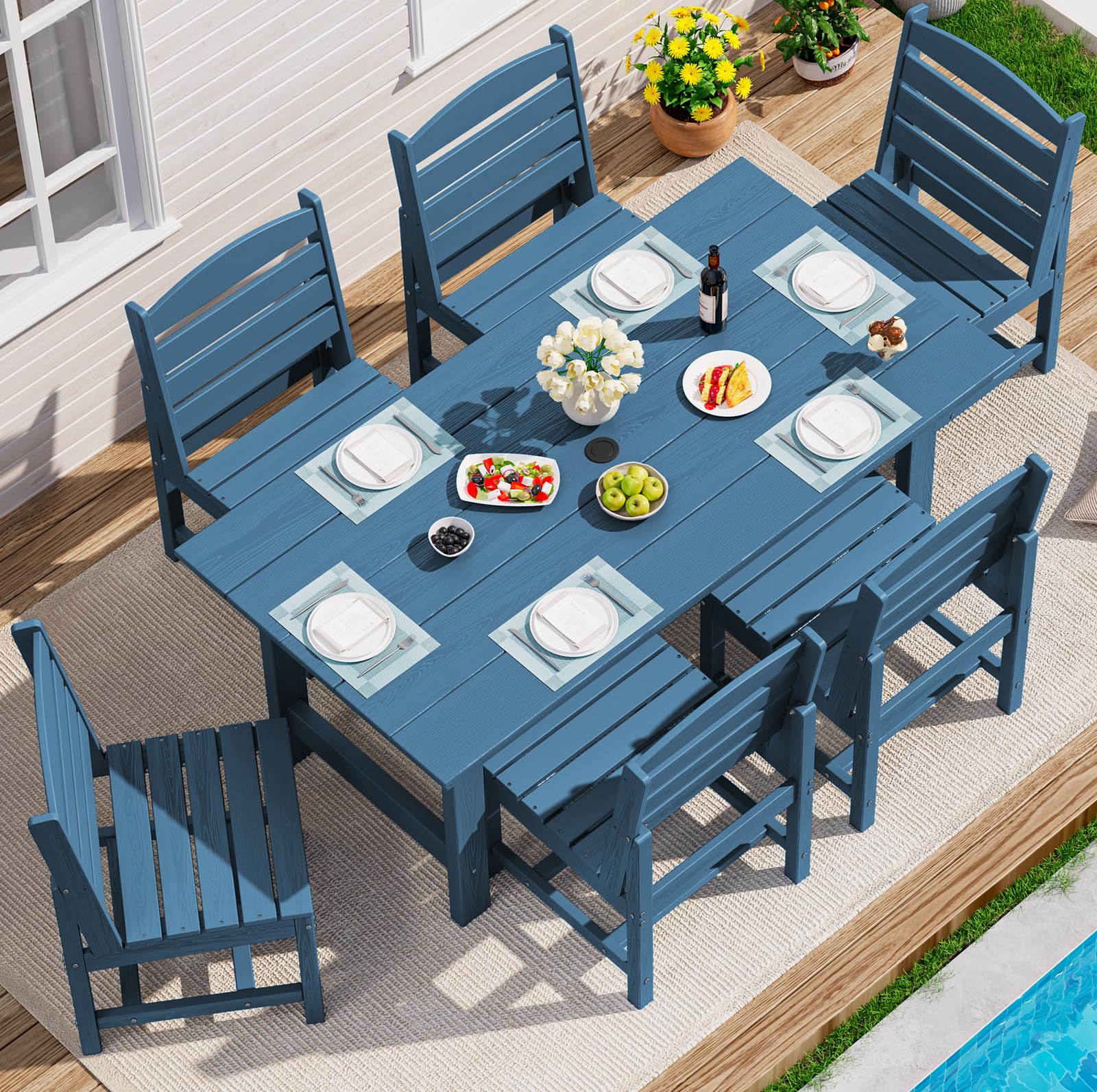 SERWALL Patio Dining Sets for 6 Person, HDPE Dining Set with 6 Armless Chairs, Black