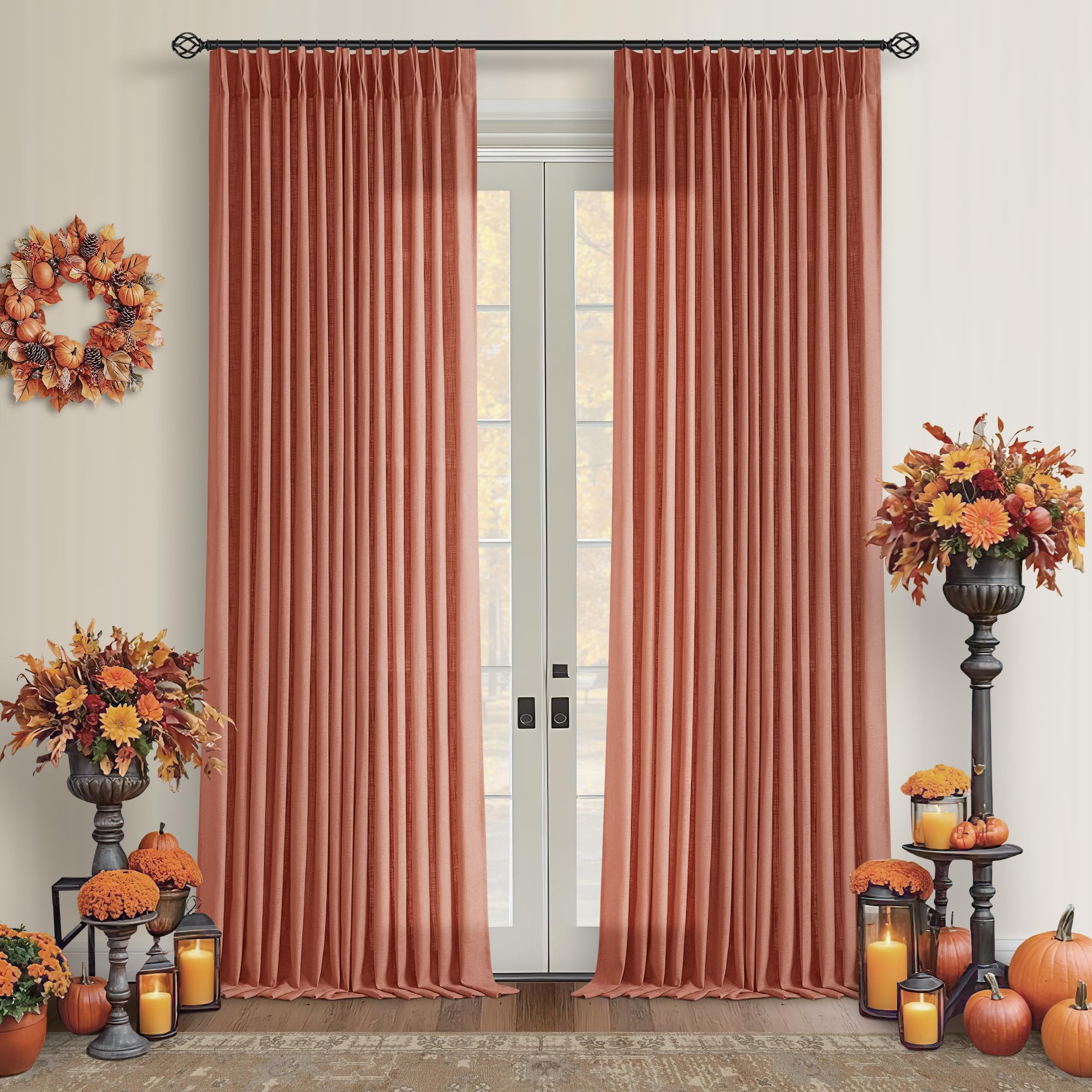 Pinch Pleated Linen Curtains 108 Inches Long for Living Room 2 Panels Set Cream Ivory Flax Double Pleated Drapes Back Tab Neutral Boho Ceiling Floor 108 Inch Window Curtains Bedroom Natural Birch