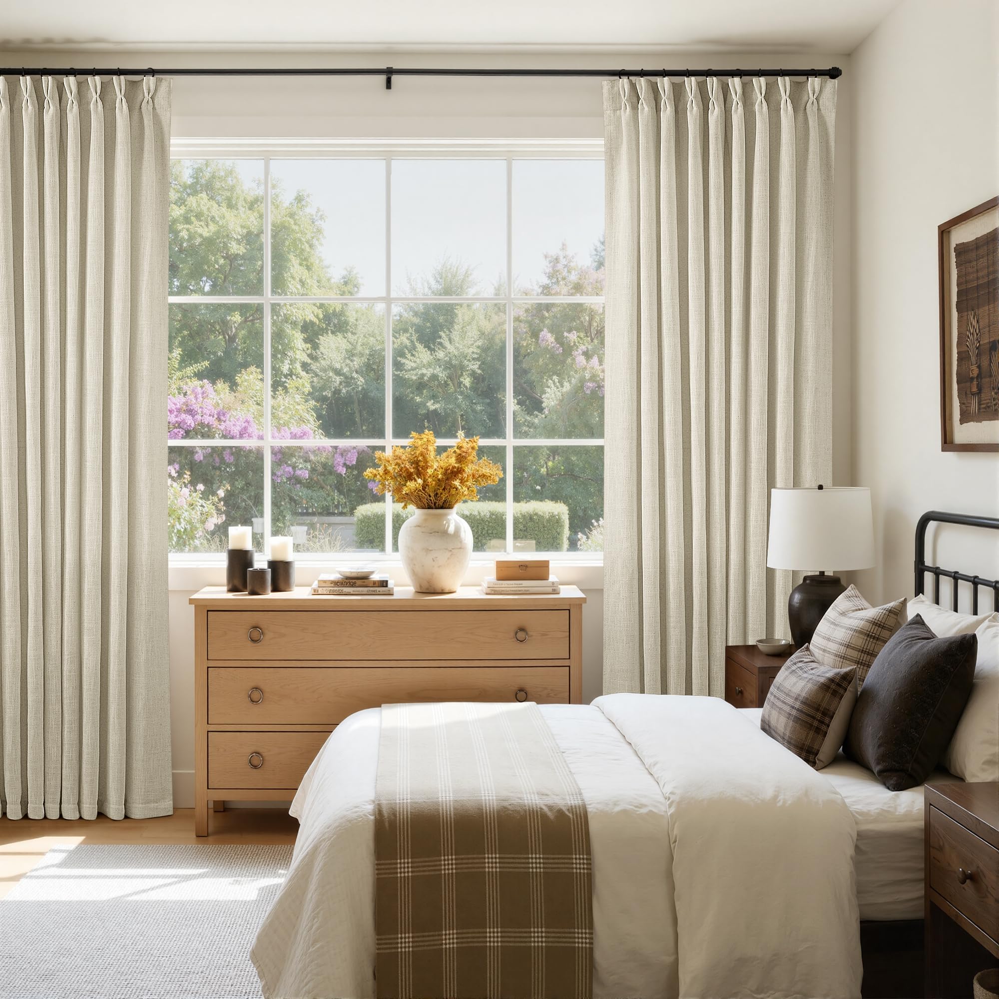 Pinch Pleated Linen Curtains 108 Inches Long for Living Room 2 Panels Set Cream Ivory Flax Double Pleated Drapes Back Tab Neutral Boho Ceiling Floor 108 Inch Window Curtains Bedroom Natural Birch