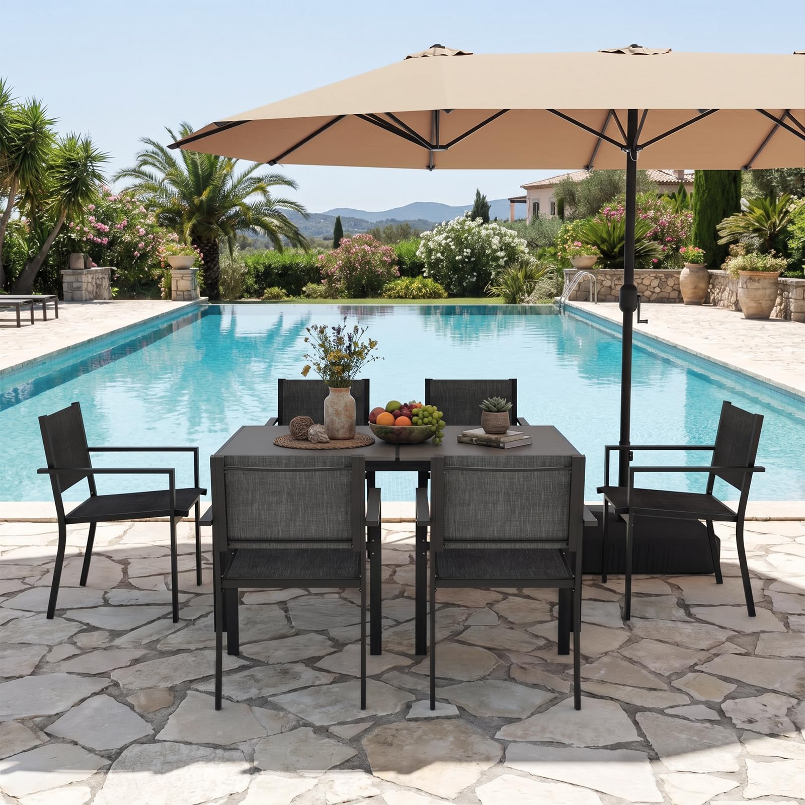 Aoxun 7-Piece Patio Table and Chairs Set for 6, All Weather Outdoor Dining Set with 6 Textilene Chairs and 1 Rectangular Metal Table, Patio Dining Sets for Backyard, Garden and Poolside, Brown