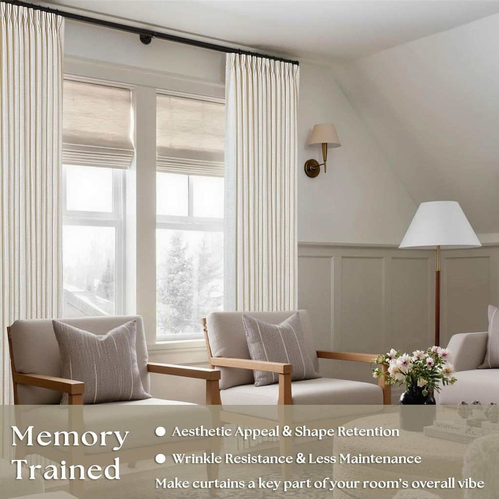 Pinch Pleated Linen Curtains 108 Inches Long for Living Room 2 Panels Set Cream Ivory Flax Double Pleated Drapes Back Tab Neutral Boho Ceiling Floor 108 Inch Window Curtains Bedroom Natural Birch