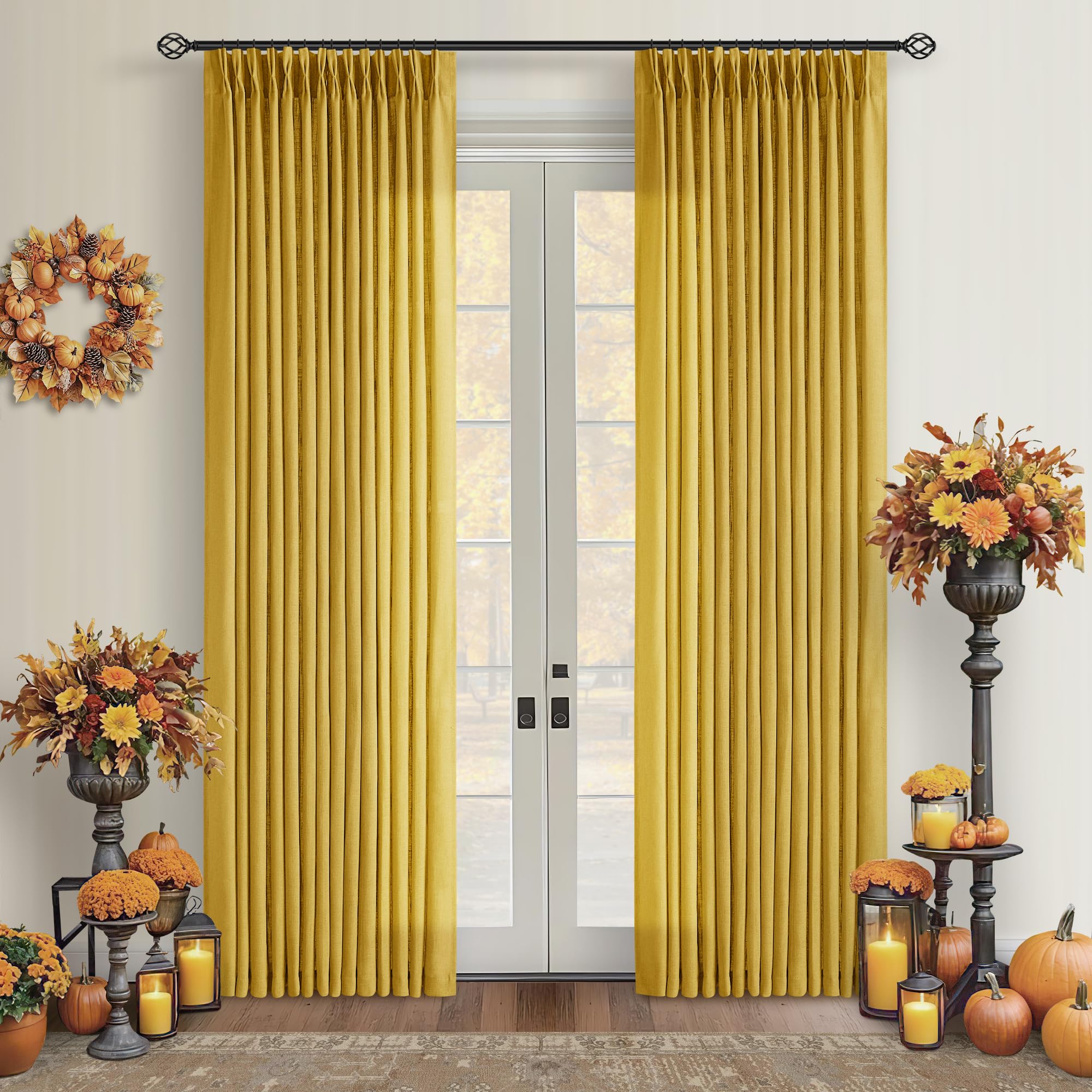 Pinch Pleated Linen Curtains 108 Inches Long for Living Room 2 Panels Set Cream Ivory Flax Double Pleated Drapes Back Tab Neutral Boho Ceiling Floor 108 Inch Window Curtains Bedroom Natural Birch