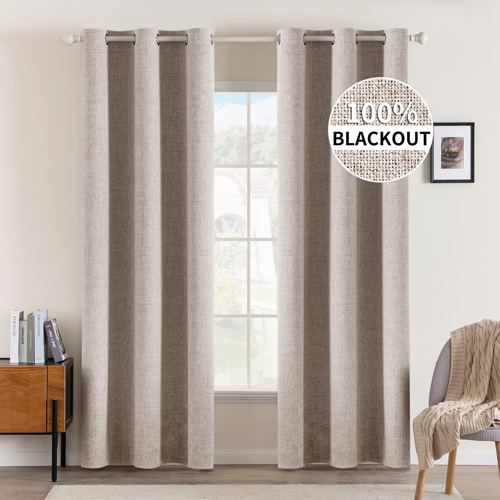 MIULEE 100% Blackout Linen Textured Curtains for Bedroom Solid Thermal Insulated Natural Beige Grommet Room Darkening Curtains & Drapes Luxury Decor for Living Room Nursery 52 x 96 Inch (2 Panels)