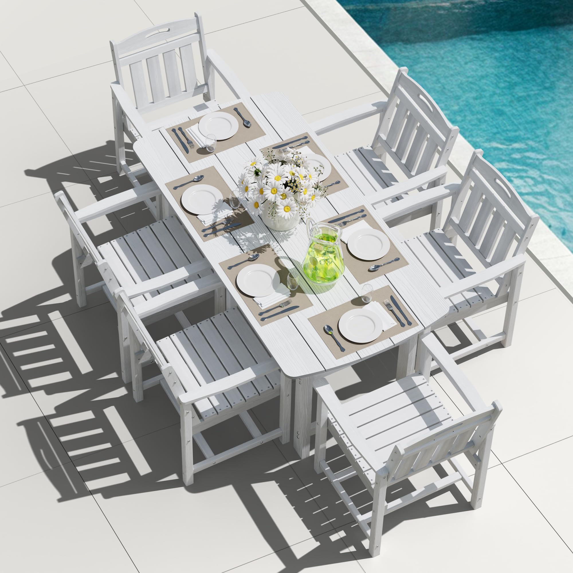 HDPE Outdoor Dining Set, Patio Table and Chairs Set, All-Weather 7-Piece Outside Table and 6 Chairs, 2" Umbrella Hole, Outdoor Furniture for Garden, Poolside, Backyard, Deck | Black