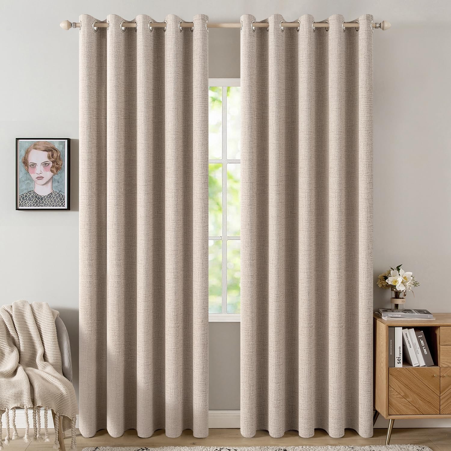 MIULEE 100% Blackout Linen Textured Curtains for Bedroom Solid Thermal Insulated Natural Beige Grommet Room Darkening Curtains & Drapes Luxury Decor for Living Room Nursery 52 x 96 Inch (2 Panels)
