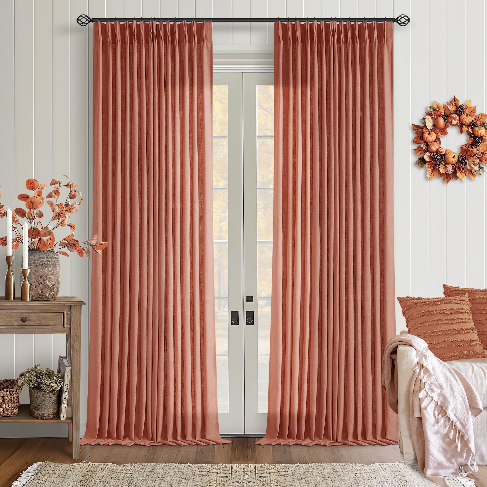 Pinch Pleated Linen Curtains 108 Inches Long for Living Room 2 Panels Set Cream Ivory Flax Double Pleated Drapes Back Tab Neutral Boho Ceiling Floor 108 Inch Window Curtains Bedroom Natural Birch