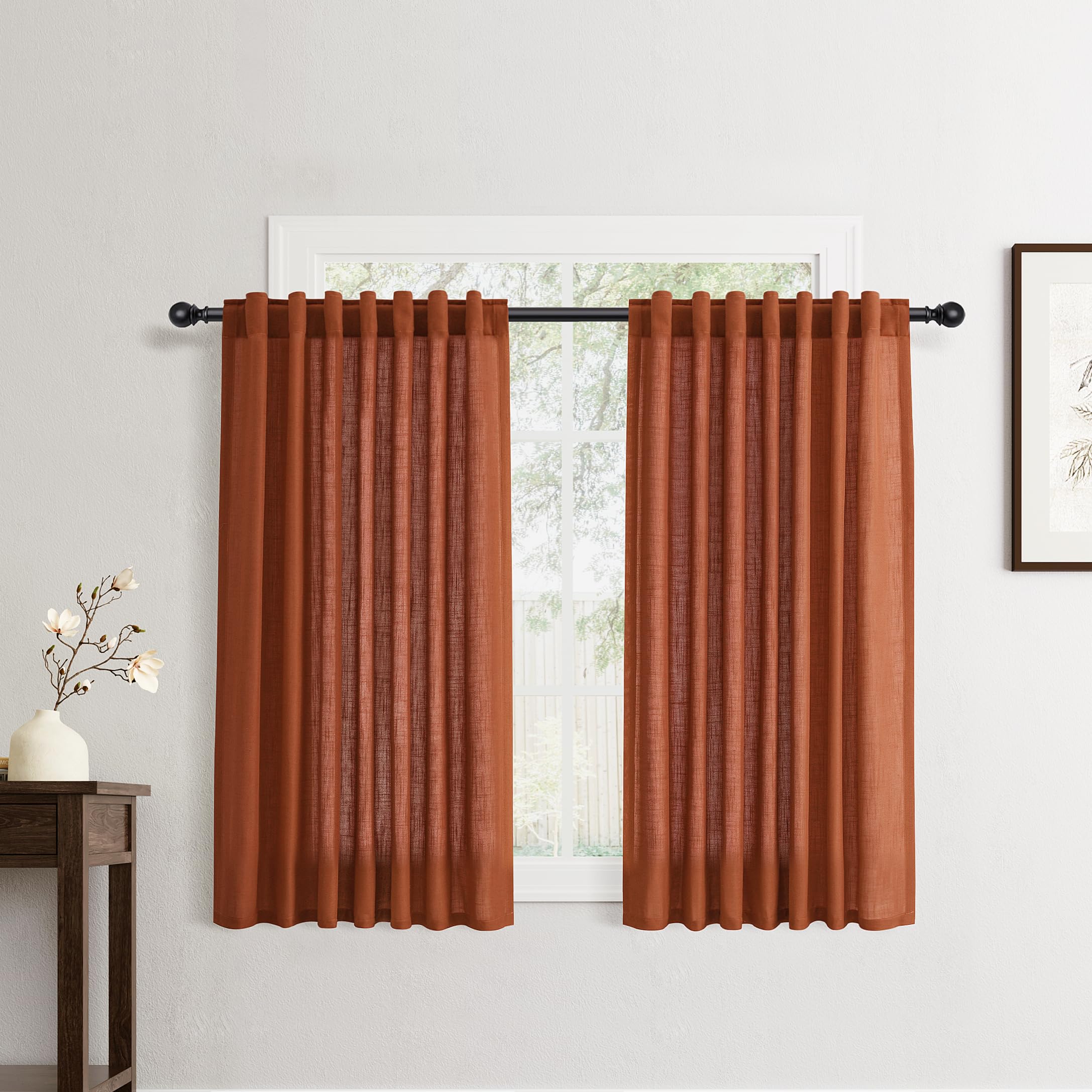 Flax Linen Beige Curtains 96 inches Long 2 Panel for Living Room Back Tab Pocket Drapes Semi Sheer Privacy Khaki Window Curtain Country Rustic Farmhouse Cloth Curtain for Dinning Room Tan