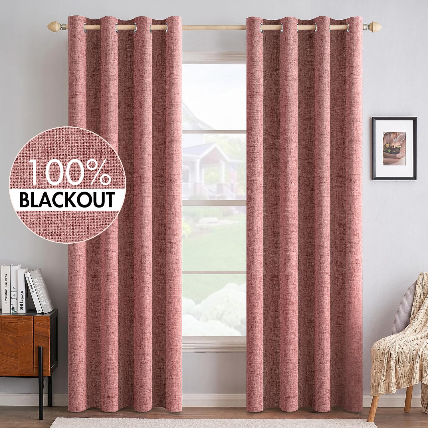 MIULEE Linen Texture Curtains for Bedroom Solid 100% Blackout Thermal Insulated Dusty Blue Curtains Grommet Room Darkening Drapes Luxury Decor for Living Room Nursery 52x84 Inch (2 Panels)