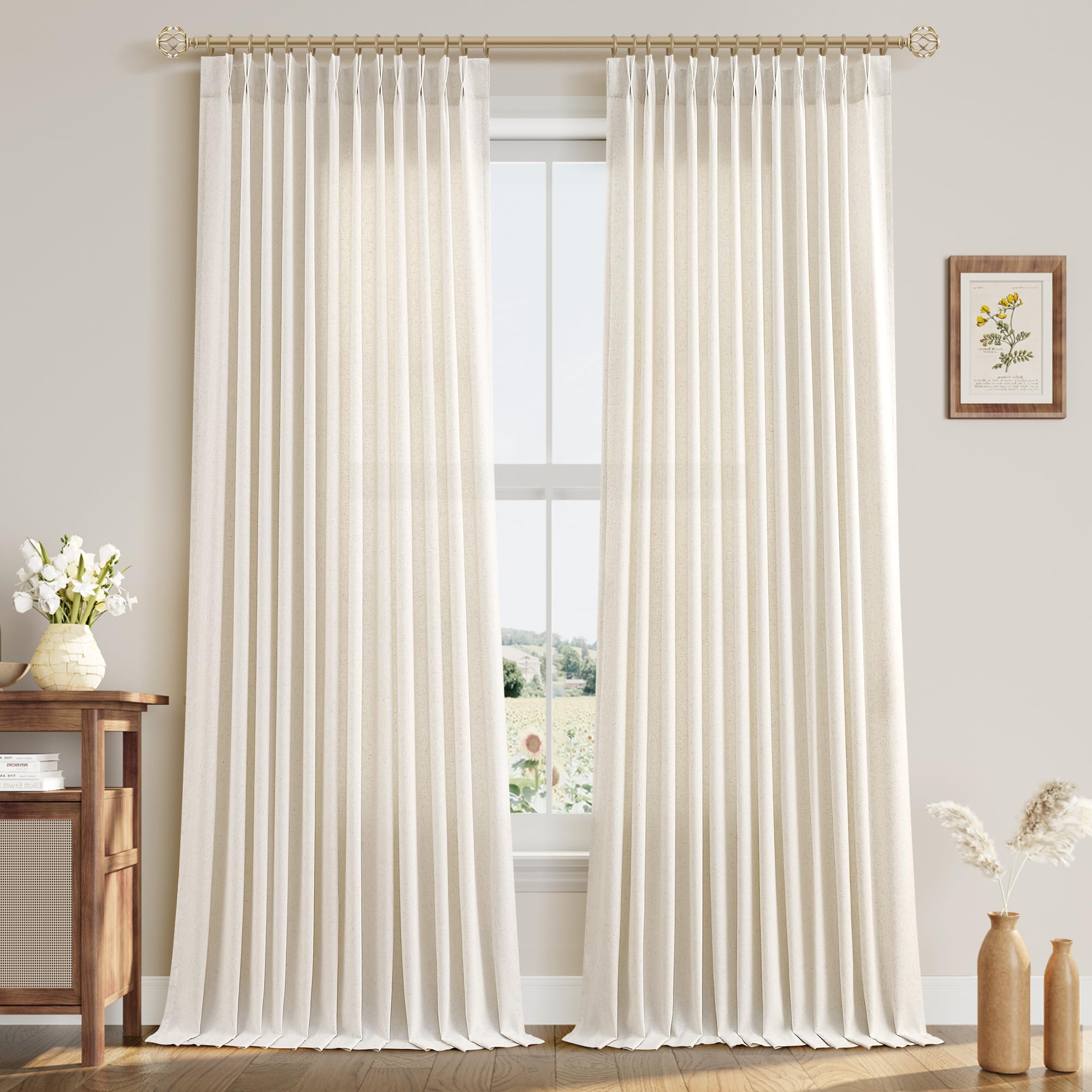 Extra Long Linen Curtains 108 Inch for Living Room Cream Pinch Pleated 9 FT Drapes Semi Sheer Ceiling to Floor Curtain for Bedroom Back Tab Flax Neutral Boho Decor Window, Natural Beige Ivory 2 Panels