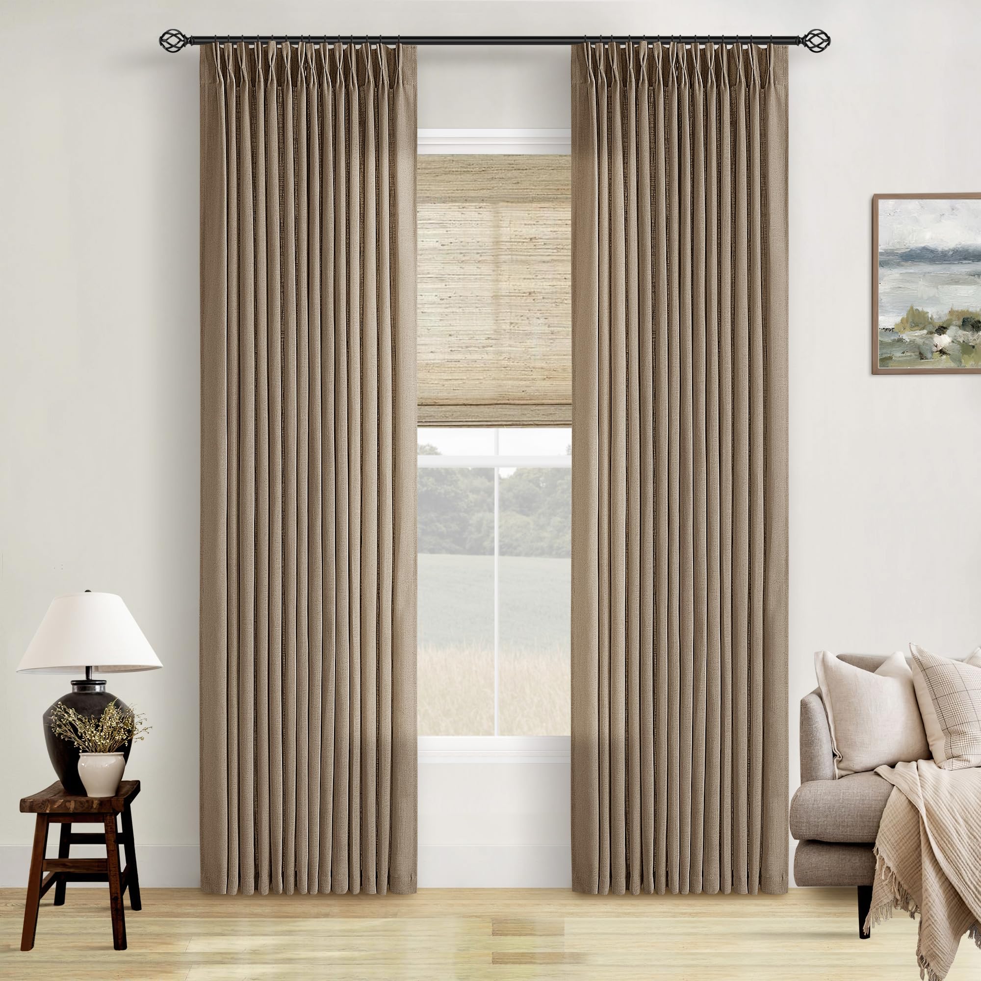 Pinch Pleated Linen Curtains 108 Inches Long for Living Room 2 Panels Set Cream Ivory Flax Double Pleated Drapes Back Tab Neutral Boho Ceiling Floor 108 Inch Window Curtains Bedroom Natural Birch
