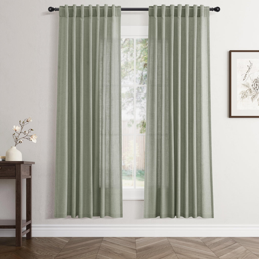 Flax Linen Beige Curtains 96 inches Long 2 Panel for Living Room Back Tab Pocket Drapes Semi Sheer Privacy Khaki Window Curtain Country Rustic Farmhouse Cloth Curtain for Dinning Room Tan
