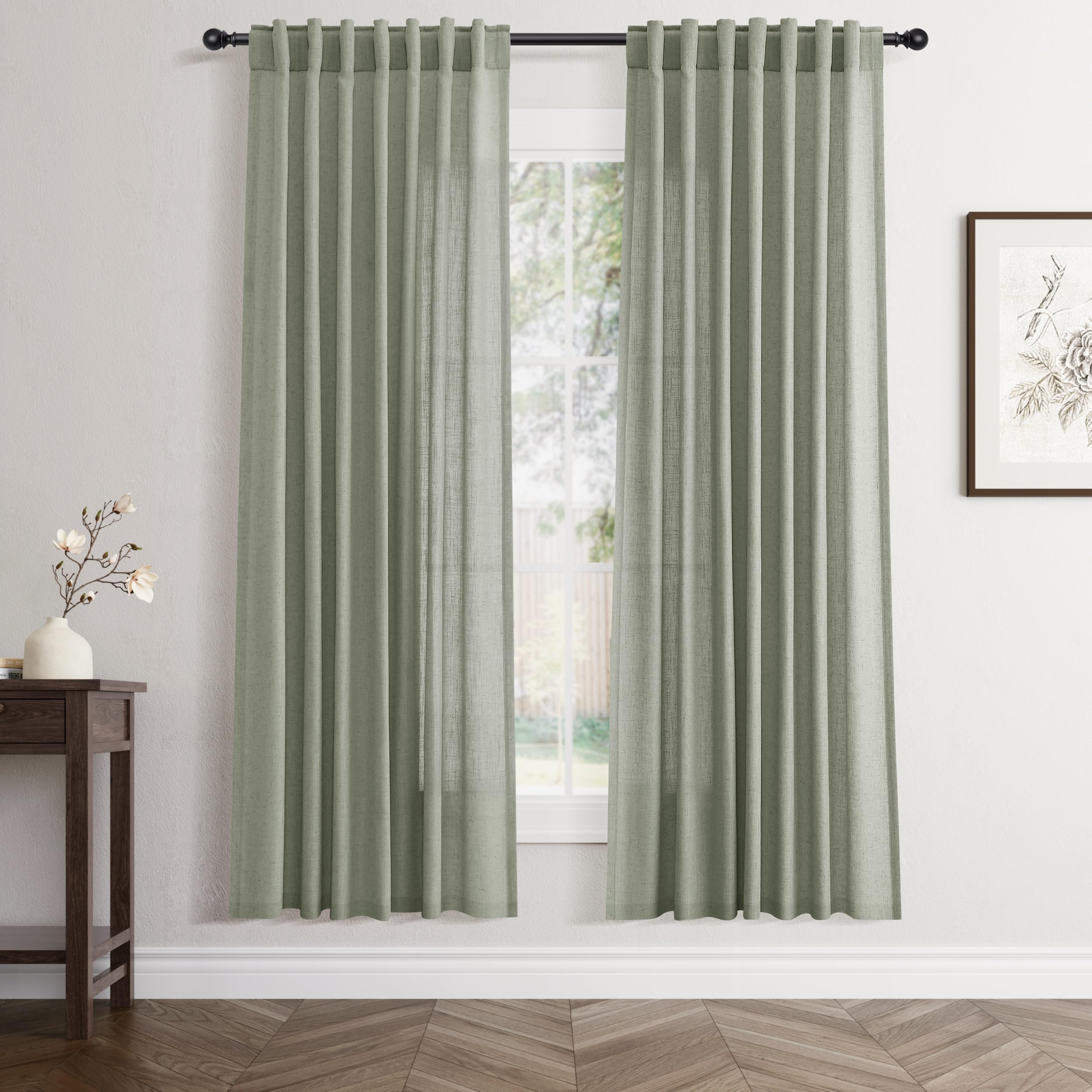 Flax Linen Beige Curtains 96 inches Long 2 Panel for Living Room Back Tab Pocket Drapes Semi Sheer Privacy Khaki Window Curtain Country Rustic Farmhouse Cloth Curtain for Dinning Room Tan