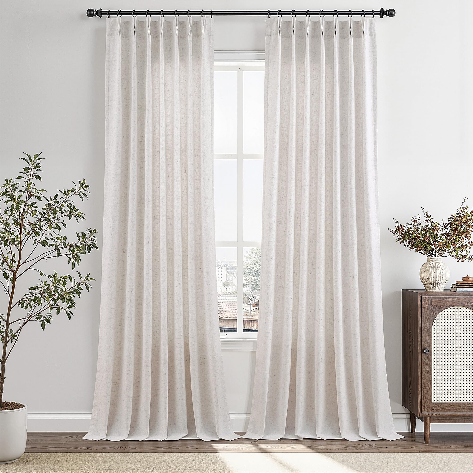 Extra Long Linen Curtains 108 Inch for Living Room Cream Pinch Pleated 9 FT Drapes Semi Sheer Ceiling to Floor Curtain for Bedroom Back Tab Flax Neutral Boho Decor Window, Natural Beige Ivory 2 Panels