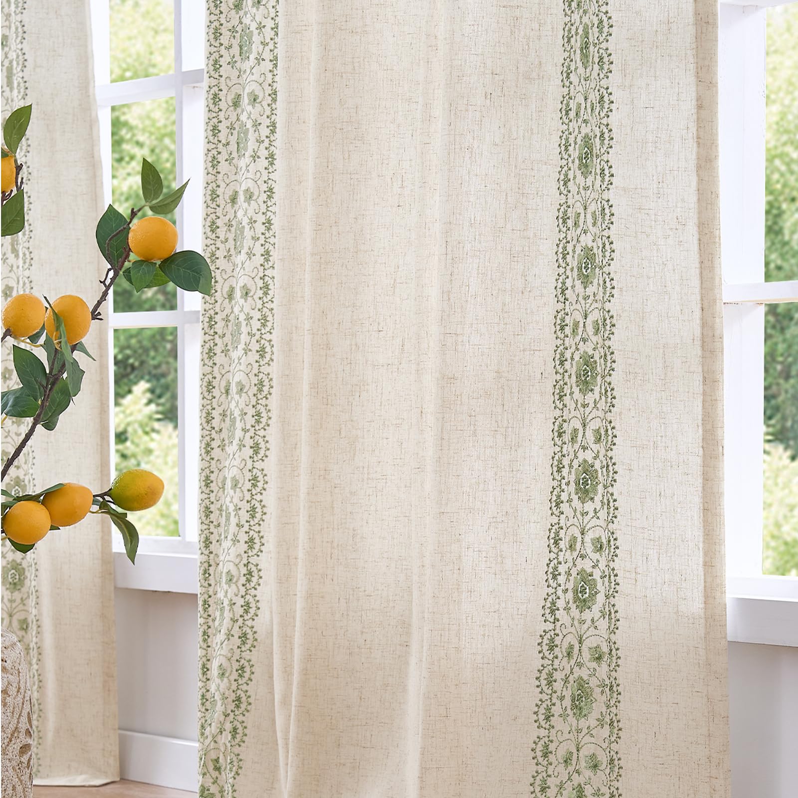 jinchan Weslie Boho Curtains for Bedroom Ivory Vintage Floral Farmhouse Curtains 84 Inches Long Linen Drapes for Living Room Embroidered Light Filtering Drapes Rod Pocket Ivory on Beige 2 Panels