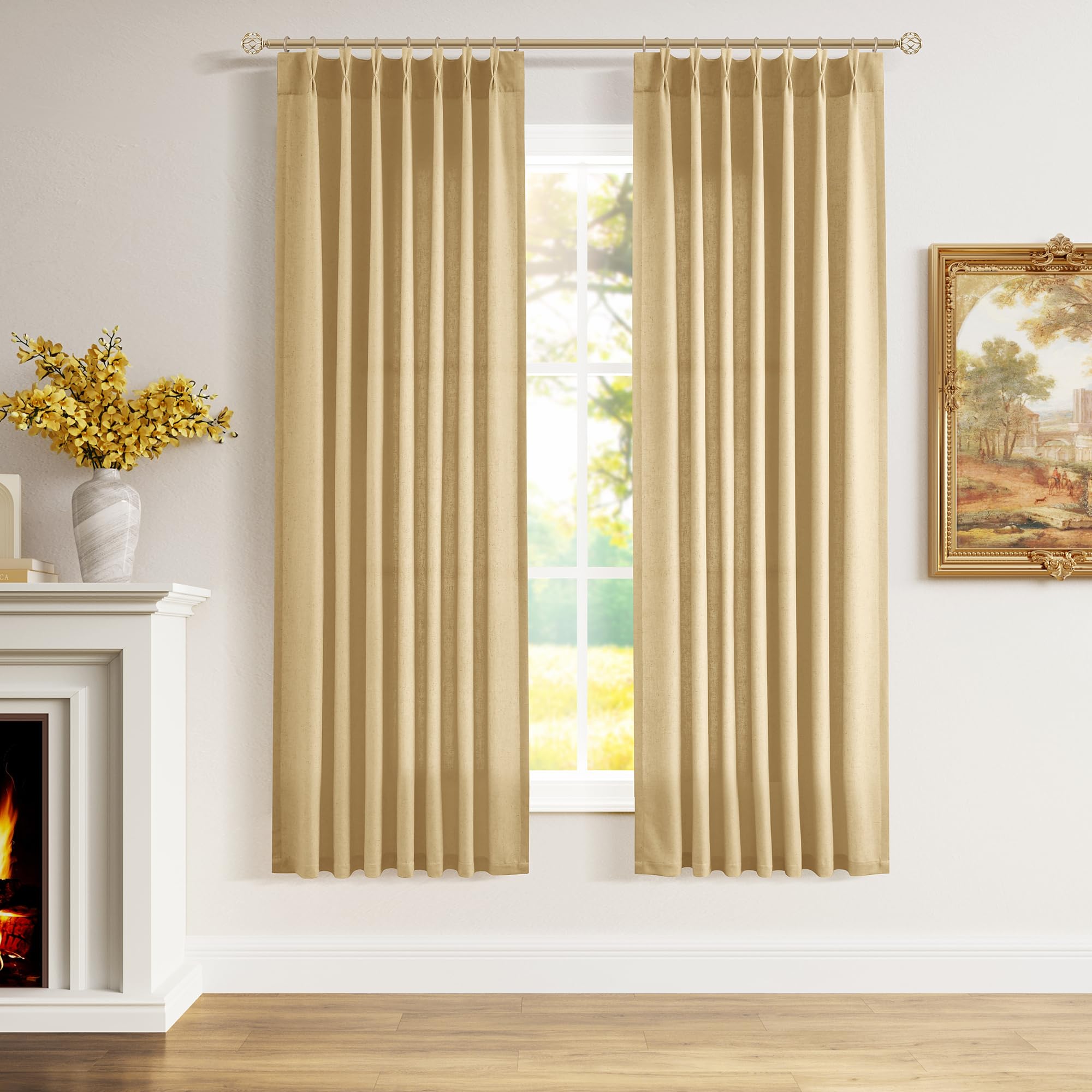 Extra Long Linen Curtains 108 Inch for Living Room Cream Pinch Pleated 9 FT Drapes Semi Sheer Ceiling to Floor Curtain for Bedroom Back Tab Flax Neutral Boho Decor Window, Natural Beige Ivory 2 Panels