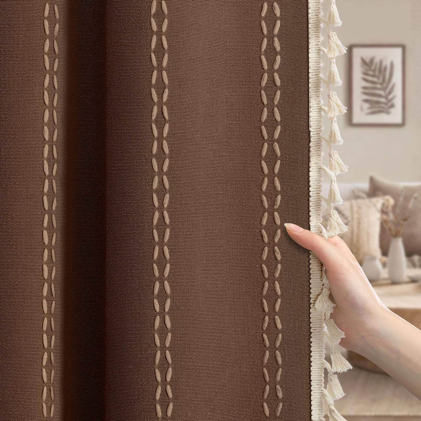Boho Blackout Curtains 2 Panels 84 Inch for Living Room Bedroom, Beige Linen Texture Farmhouse Curtains with Tassels and Cotton Embroidery Vintage Rustic Western Rod Pocket