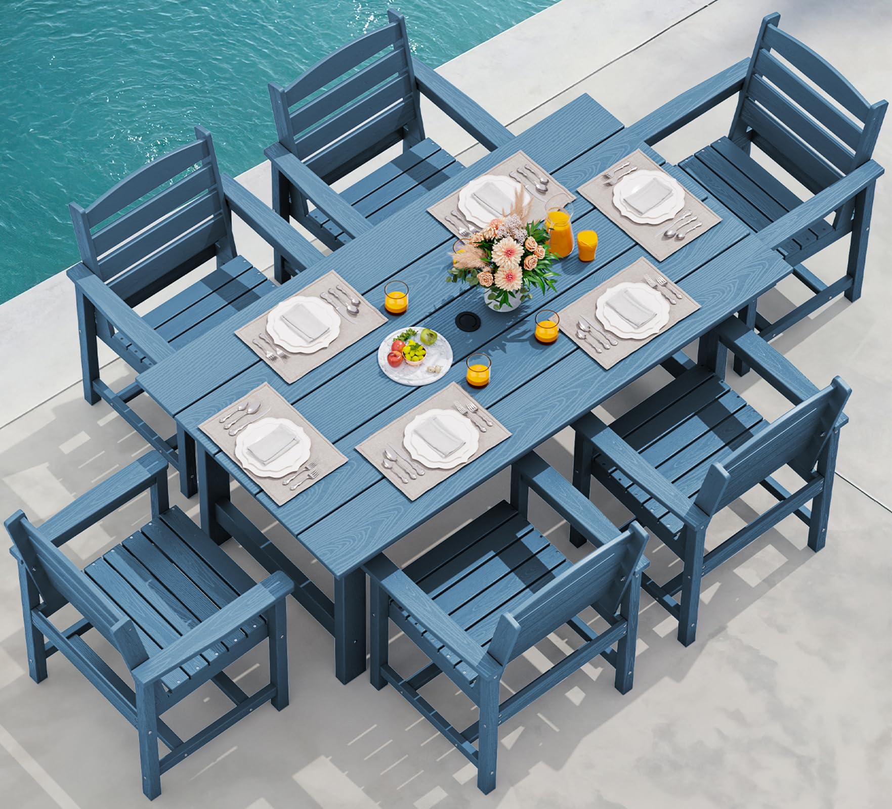 SERWALL Patio Dining Sets for 6 Person, HDPE Dining Set with 6 Armless Chairs, Black