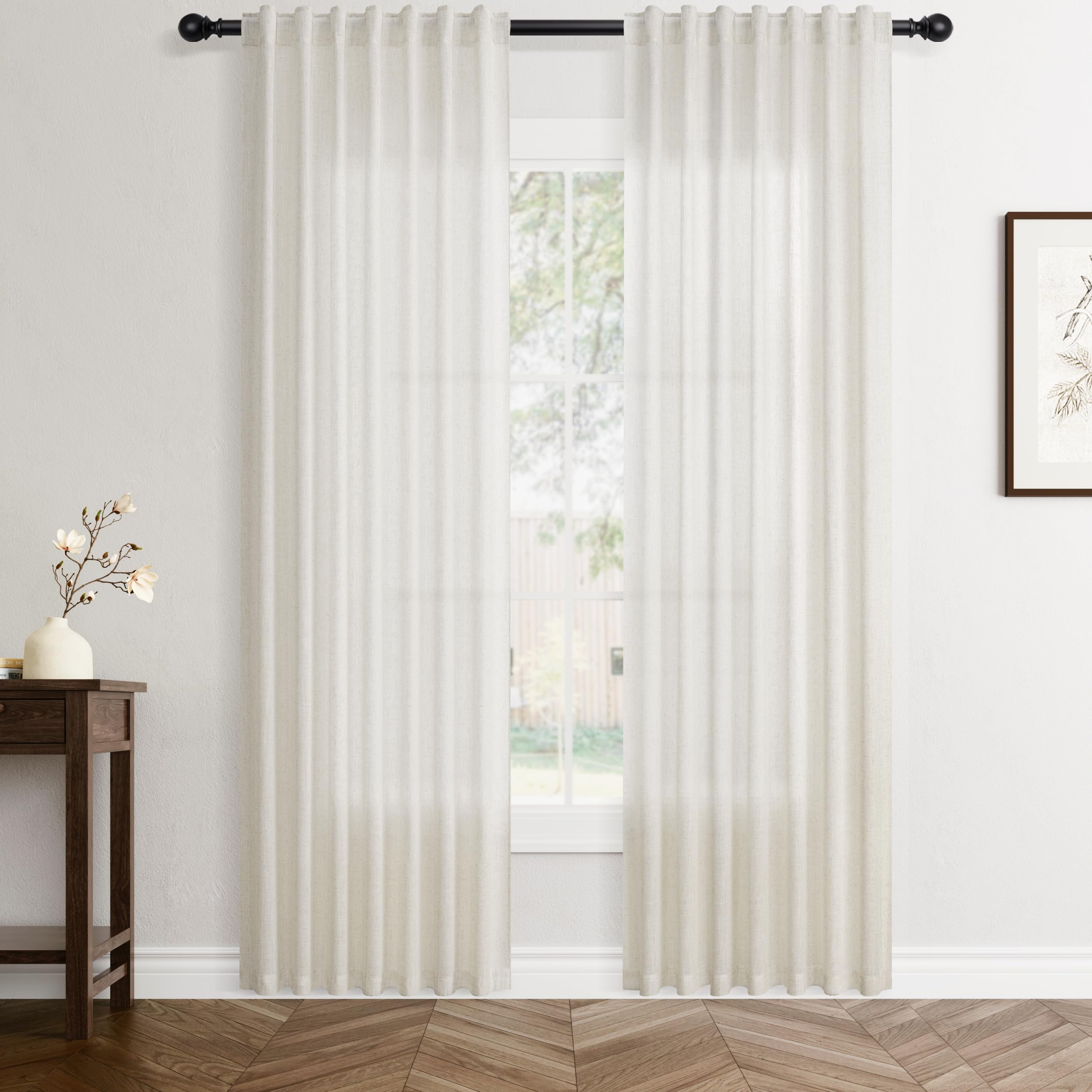 Flax Linen Beige Curtains 96 inches Long 2 Panel for Living Room Back Tab Pocket Drapes Semi Sheer Privacy Khaki Window Curtain Country Rustic Farmhouse Cloth Curtain for Dinning Room Tan