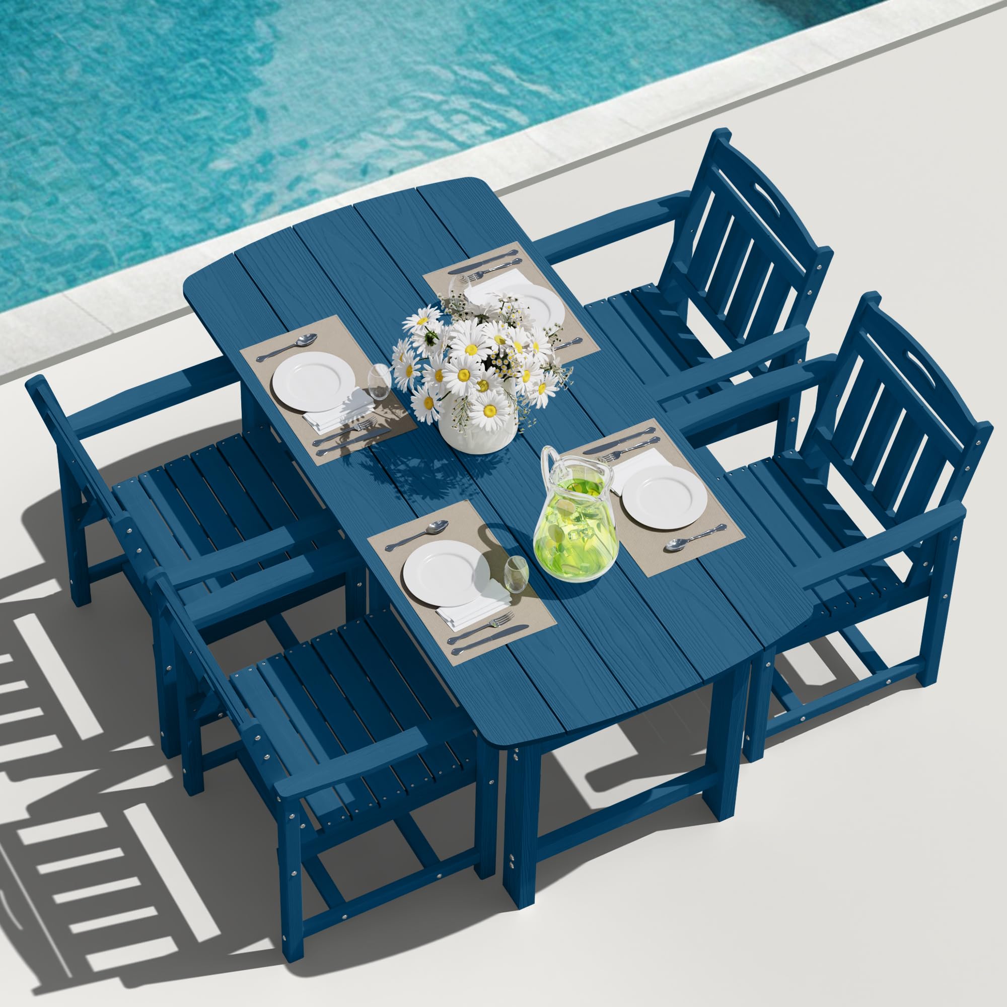 HDPE Outdoor Dining Set, Patio Table and Chairs Set, All-Weather 7-Piece Outside Table and 6 Chairs, 2" Umbrella Hole, Outdoor Furniture for Garden, Poolside, Backyard, Deck | Black