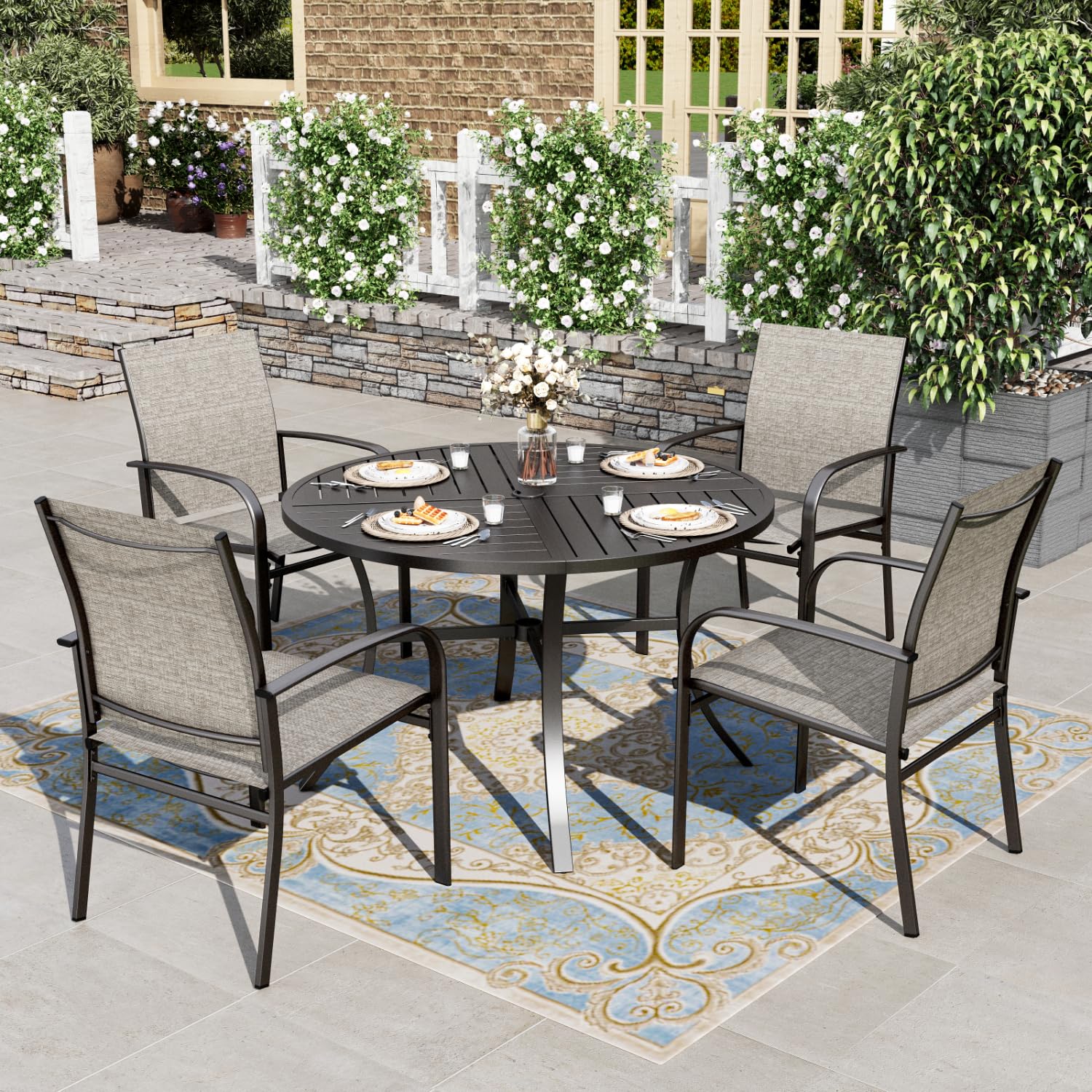 HERA'S HOUSE Patio Table and Chairs for 6, 7 Pieces Outdoor Deck Dining Sets, Wood-Like Rectangular Metal Table Set with Chairs for Lawn Garden Backyard, Brown