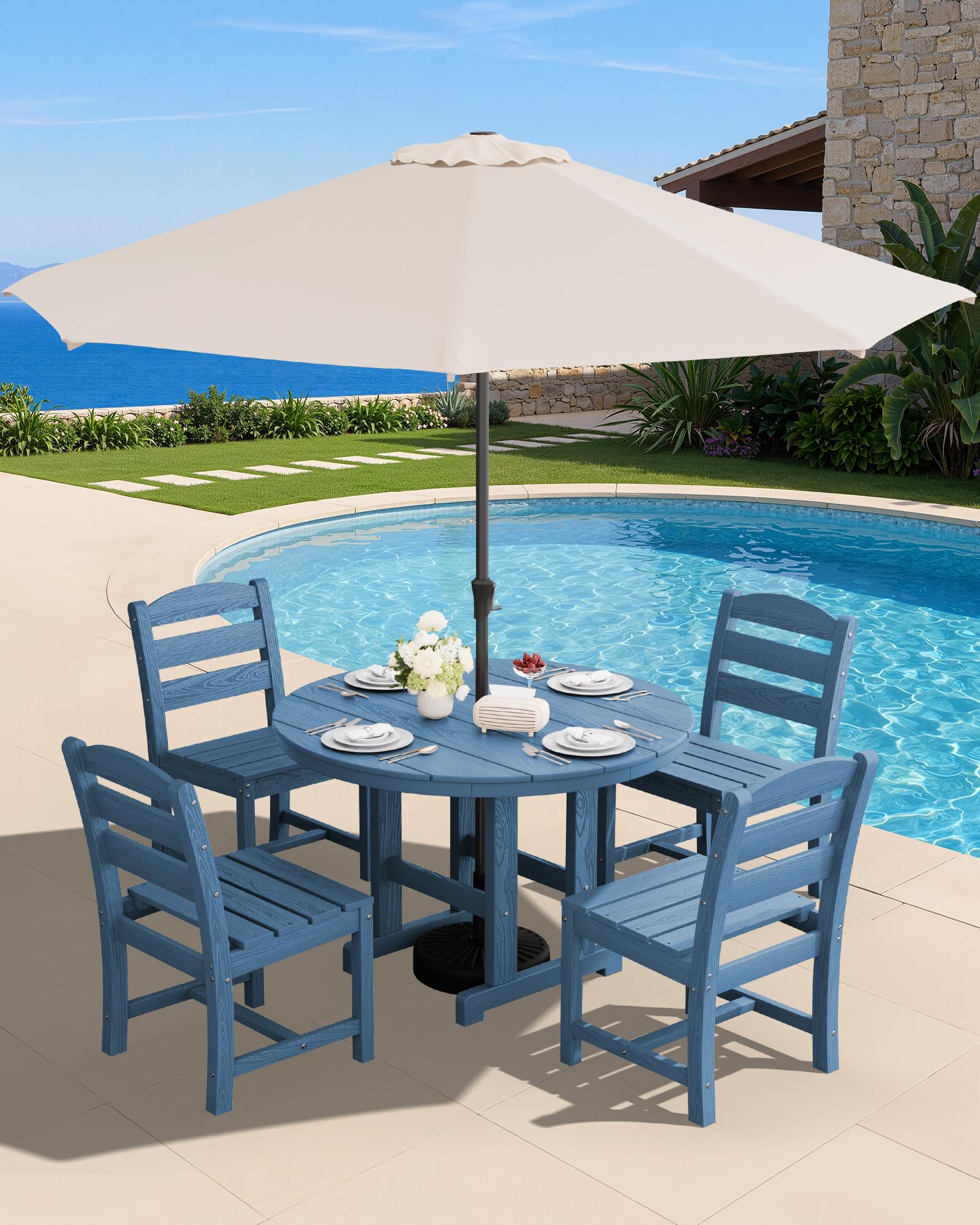 SERWALL 5-Piece Patio Dining Sets, HDPE Outdoor Table and Chairs Furniture Set, 45" Round Dining Table and 4 Dining Chairs, Gray
