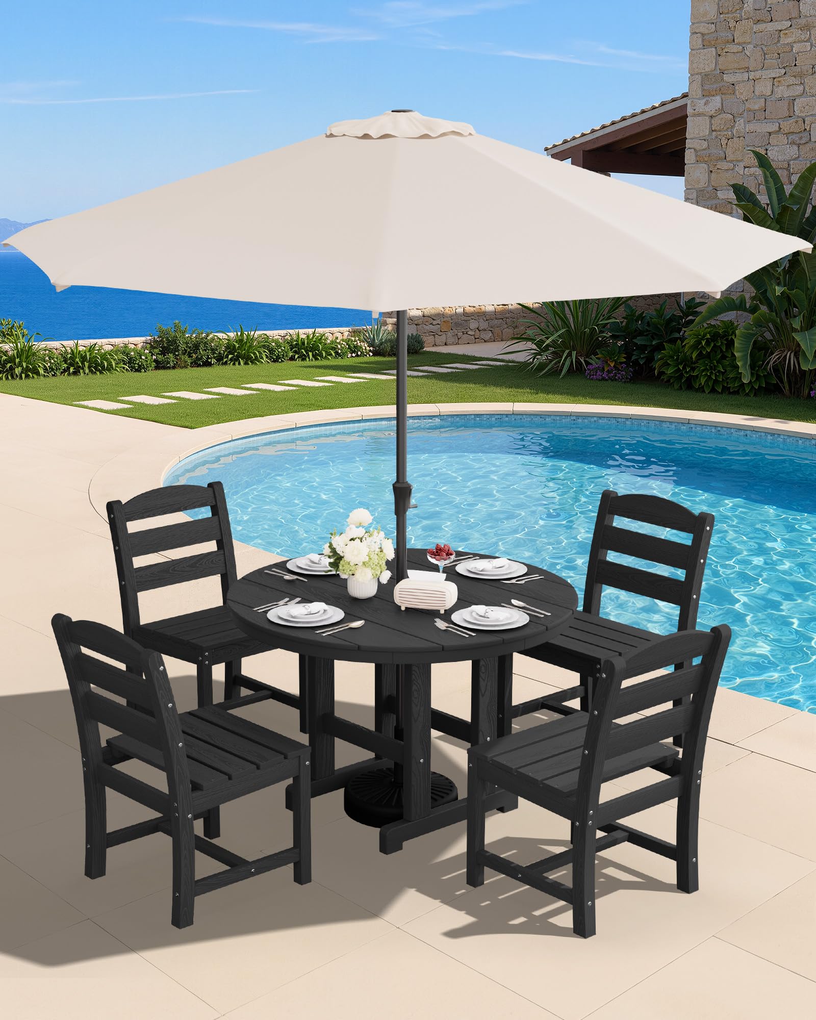 SERWALL 5-Piece Patio Dining Sets, HDPE Outdoor Table and Chairs Furniture Set, 45" Round Dining Table and 4 Dining Chairs, Gray