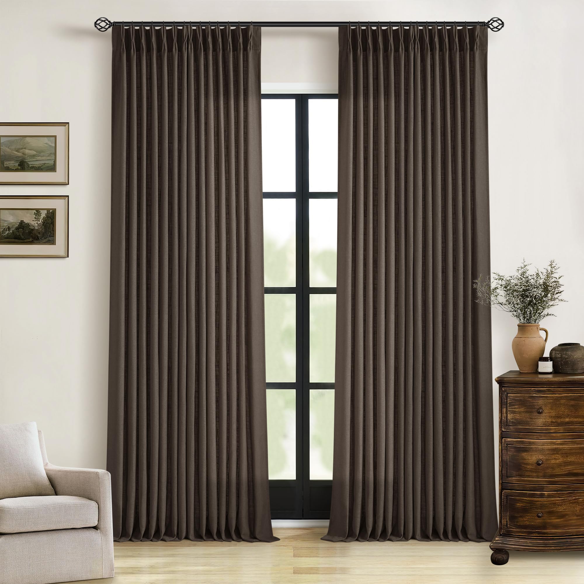 Pinch Pleated Linen Curtains 108 Inches Long for Living Room 2 Panels Set Cream Ivory Flax Double Pleated Drapes Back Tab Neutral Boho Ceiling Floor 108 Inch Window Curtains Bedroom Natural Birch
