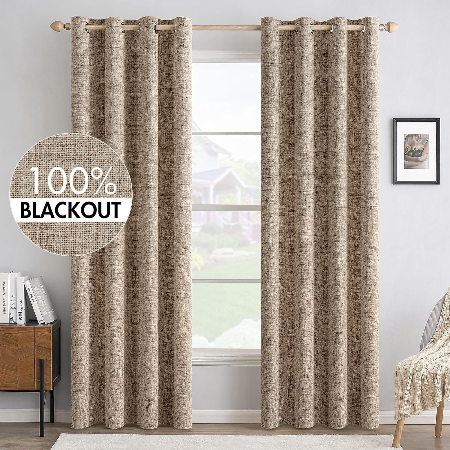 MIULEE Linen Texture Curtains for Bedroom Solid 100% Blackout Thermal Insulated Dusty Blue Curtains Grommet Room Darkening Drapes Luxury Decor for Living Room Nursery 52x84 Inch (2 Panels)