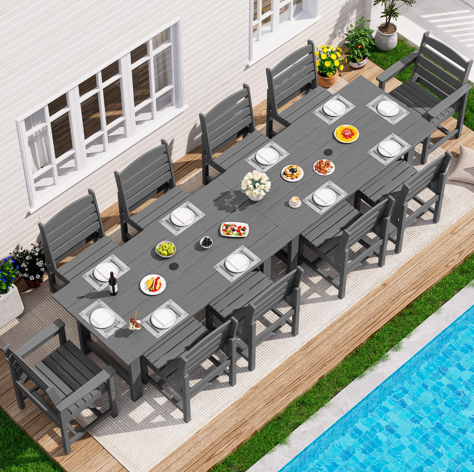 SERWALL 7-Piece Patio Dining Table Sets, Outdoor HDPE Dining Furniture Set with Umbrella Hole Cut-Out Table and 6 Chairs, Blue