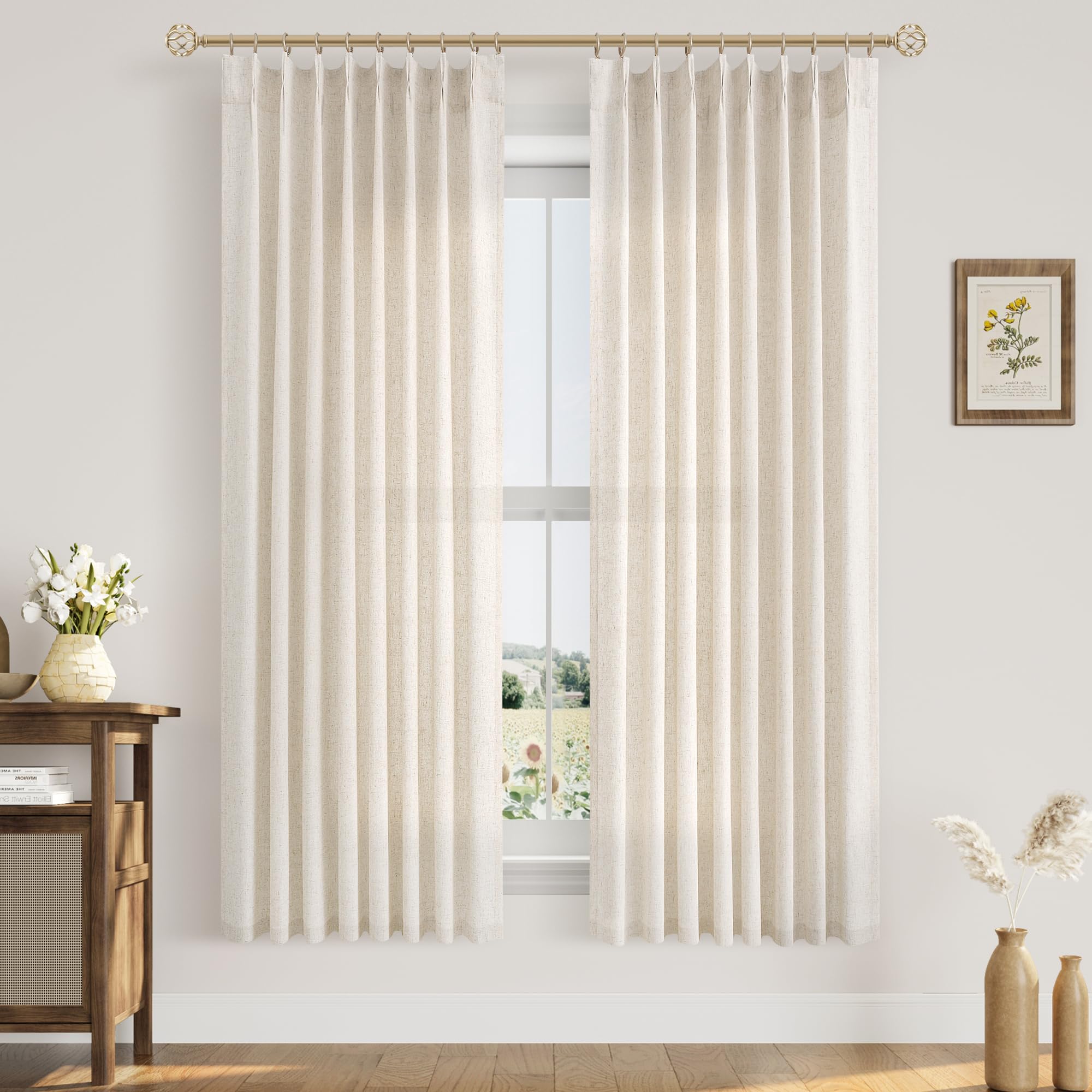 Extra Long Linen Curtains 108 Inch for Living Room Cream Pinch Pleated 9 FT Drapes Semi Sheer Ceiling to Floor Curtain for Bedroom Back Tab Flax Neutral Boho Decor Window, Natural Beige Ivory 2 Panels