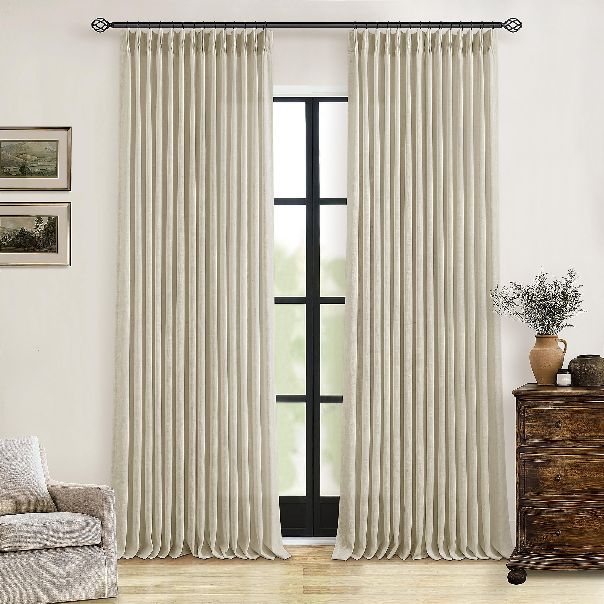 Pinch Pleated Linen Curtains 108 Inches Long for Living Room 2 Panels Set Cream Ivory Flax Double Pleated Drapes Back Tab Neutral Boho Ceiling Floor 108 Inch Window Curtains Bedroom Natural Birch