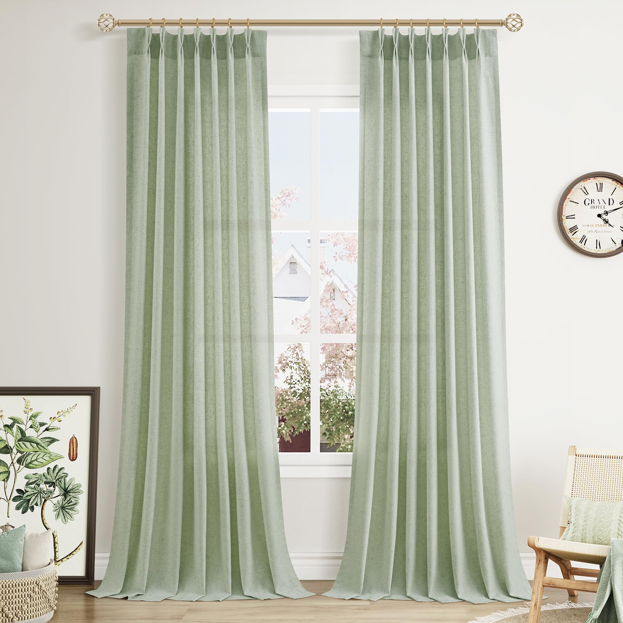 Extra Long Linen Curtains 108 Inch for Living Room Cream Pinch Pleated 9 FT Drapes Semi Sheer Ceiling to Floor Curtain for Bedroom Back Tab Flax Neutral Boho Decor Window, Natural Beige Ivory 2 Panels
