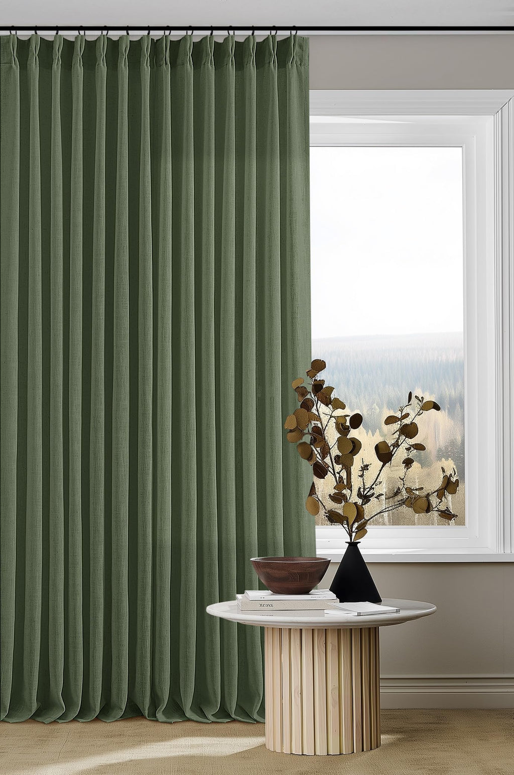 Pinch Pleated Linen Curtains 108 Inches Long for Living Room 2 Panels Set Cream Ivory Flax Double Pleated Drapes Back Tab Neutral Boho Ceiling Floor 108 Inch Window Curtains Bedroom Natural Birch