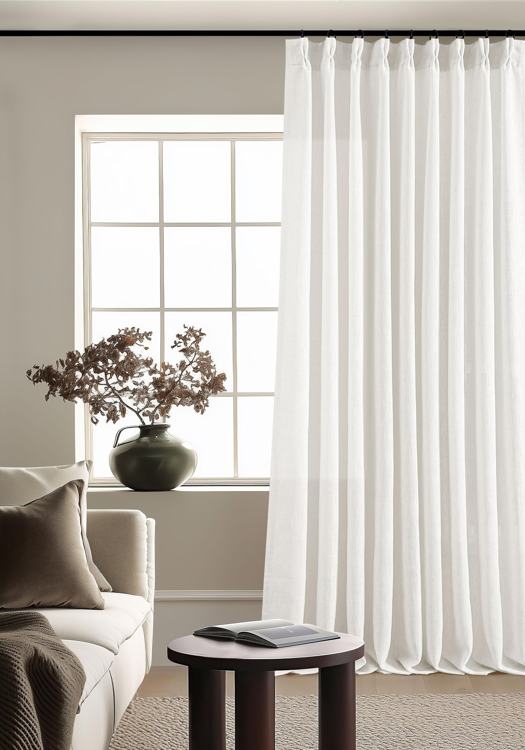 Pinch Pleated Linen Curtains 108 Inches Long for Living Room 2 Panels Set Cream Ivory Flax Double Pleated Drapes Back Tab Neutral Boho Ceiling Floor 108 Inch Window Curtains Bedroom Natural Birch