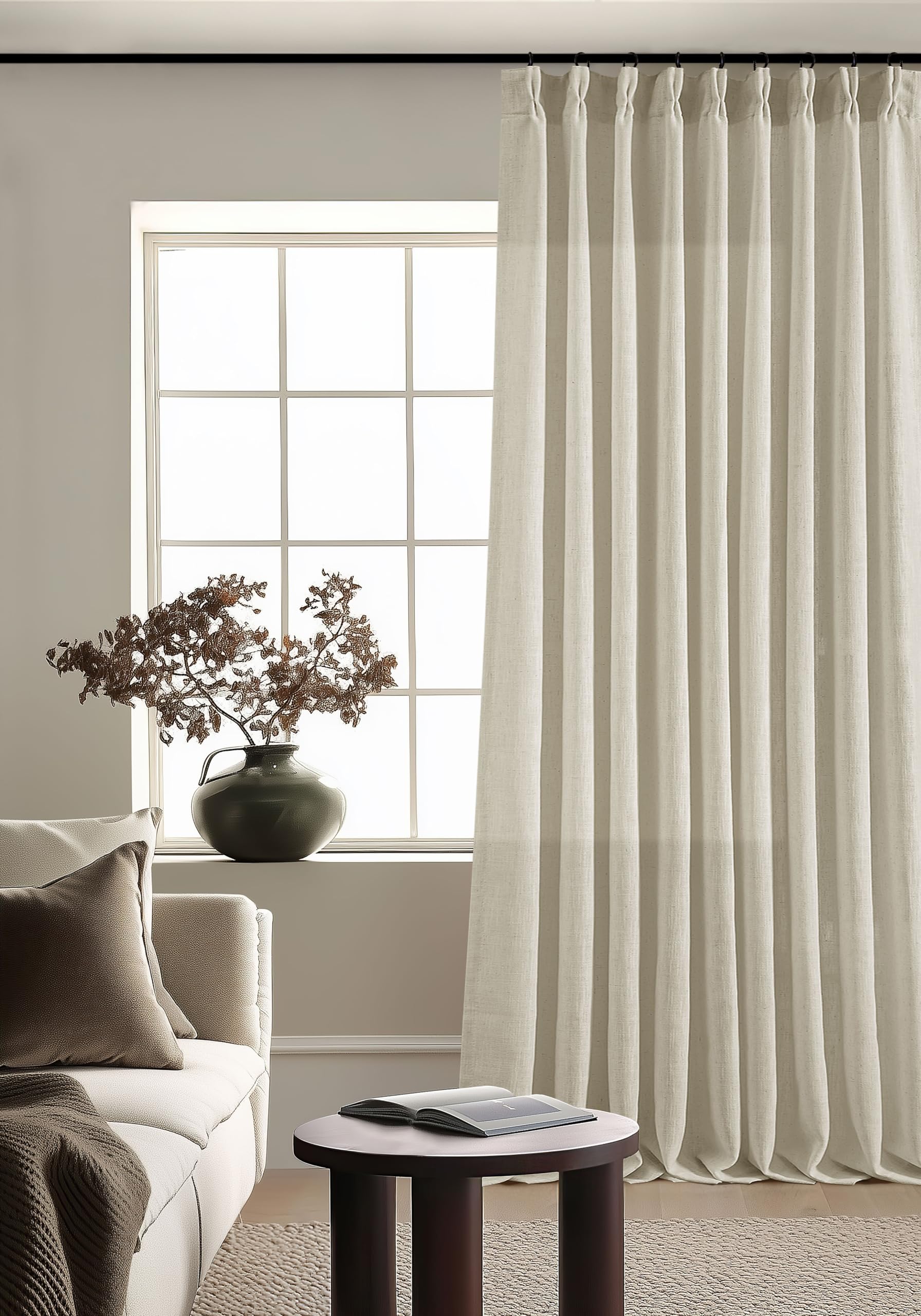 Pinch Pleated Linen Curtains 108 Inches Long for Living Room 2 Panels Set Cream Ivory Flax Double Pleated Drapes Back Tab Neutral Boho Ceiling Floor 108 Inch Window Curtains Bedroom Natural Birch