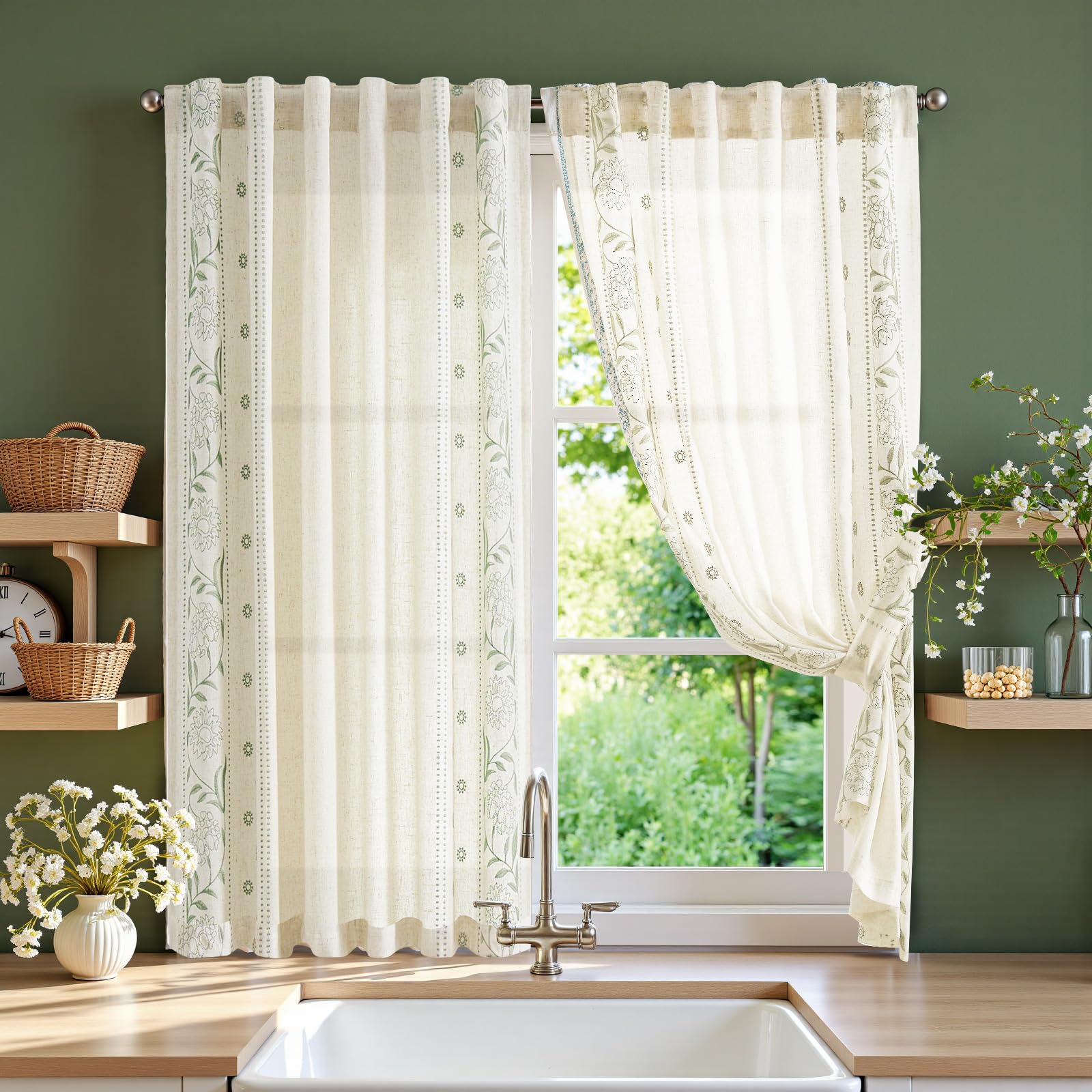 jinchan Winslow Linen Curtains for Bedroom 84 Inches Length Embroidered Bordered Floral Curtains for Living Room Farmhouse Decor Light Filtering Window Treatments Ivory on Beige Drapes 2 Panels