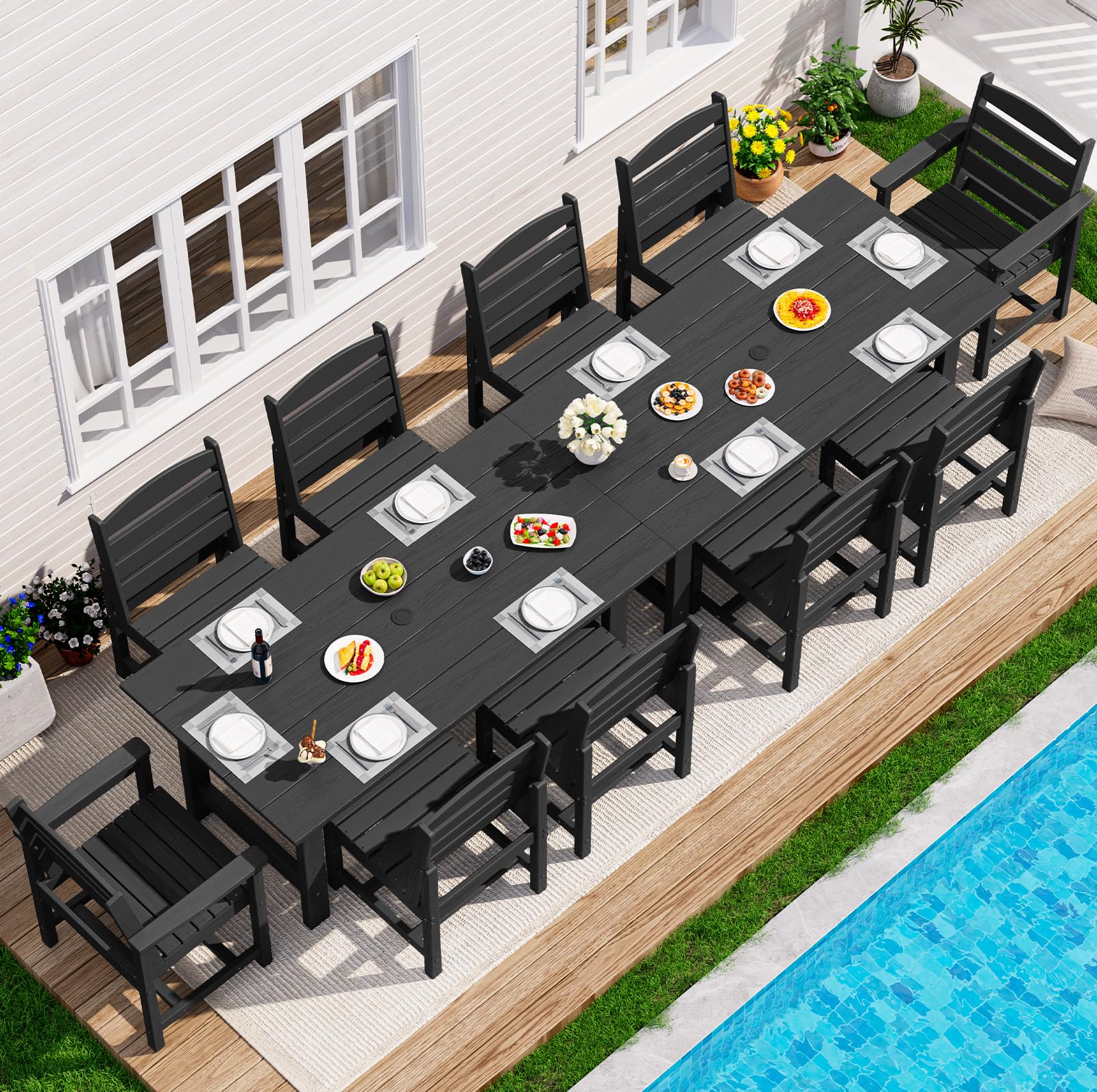 SERWALL 7-Piece Patio Dining Table Sets, Outdoor HDPE Dining Furniture Set with Umbrella Hole Cut-Out Table and 6 Chairs, Blue