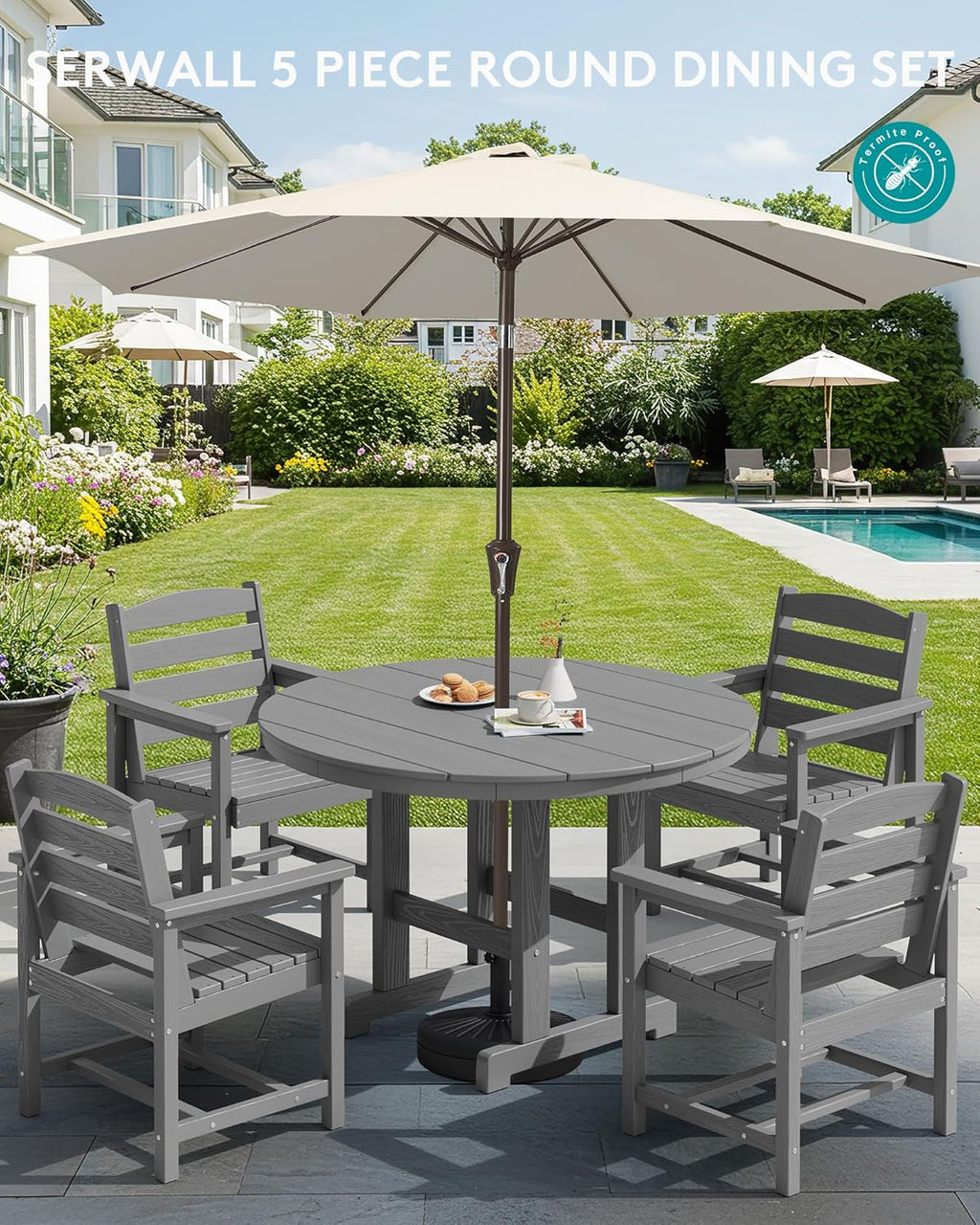 SERWALL 5-Piece Patio Dining Sets, HDPE Outdoor Table and Chairs Furniture Set, 45" Round Dining Table and 4 Dining Chairs, Gray