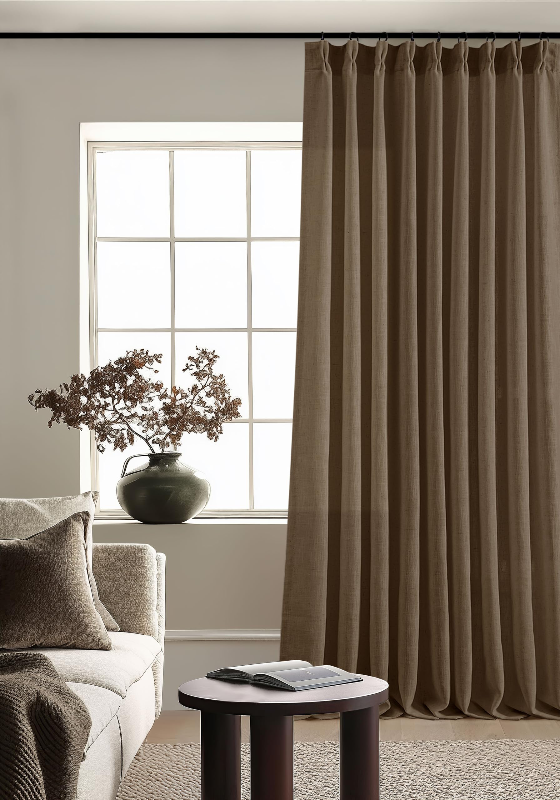 Pinch Pleated Linen Curtains 108 Inches Long for Living Room 2 Panels Set Cream Ivory Flax Double Pleated Drapes Back Tab Neutral Boho Ceiling Floor 108 Inch Window Curtains Bedroom Natural Birch