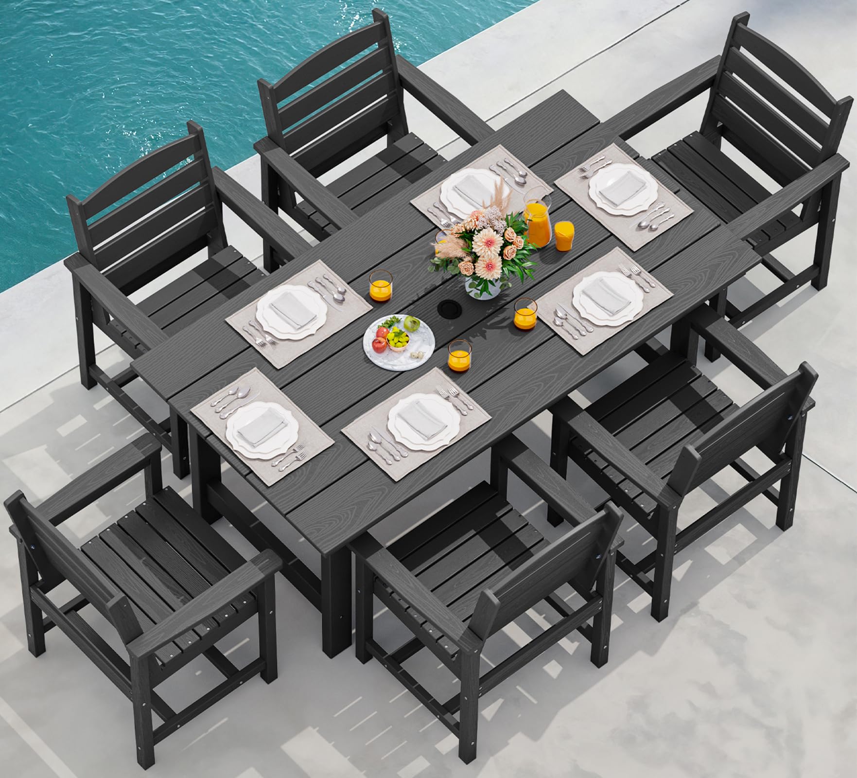 SERWALL Patio Dining Sets for 6 Person, HDPE Dining Set with 6 Armless Chairs, Black