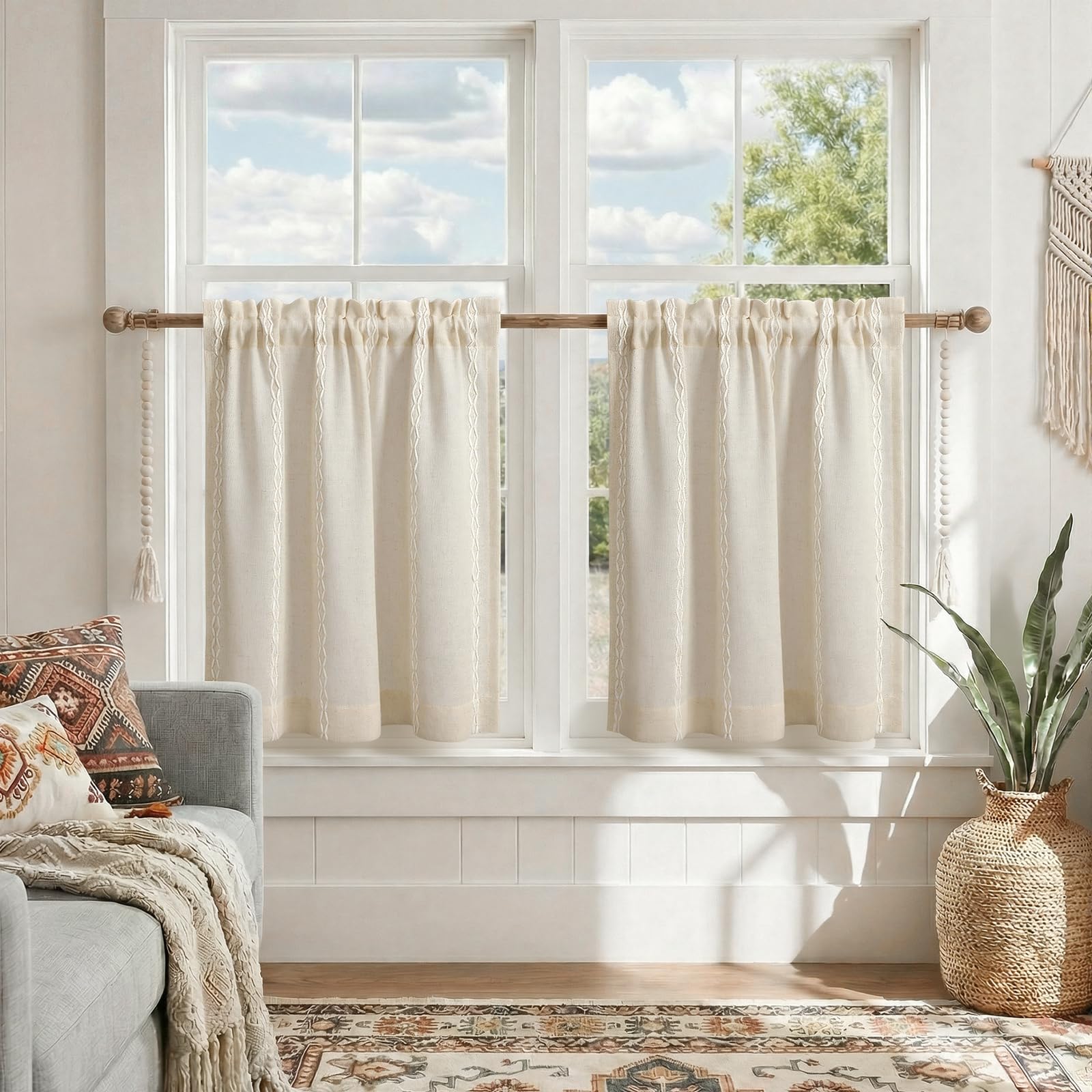Boho Blackout Curtains 2 Panels 84 Inch for Living Room Bedroom, Beige Linen Texture Farmhouse Curtains with Tassels and Cotton Embroidery Vintage Rustic Western Rod Pocket