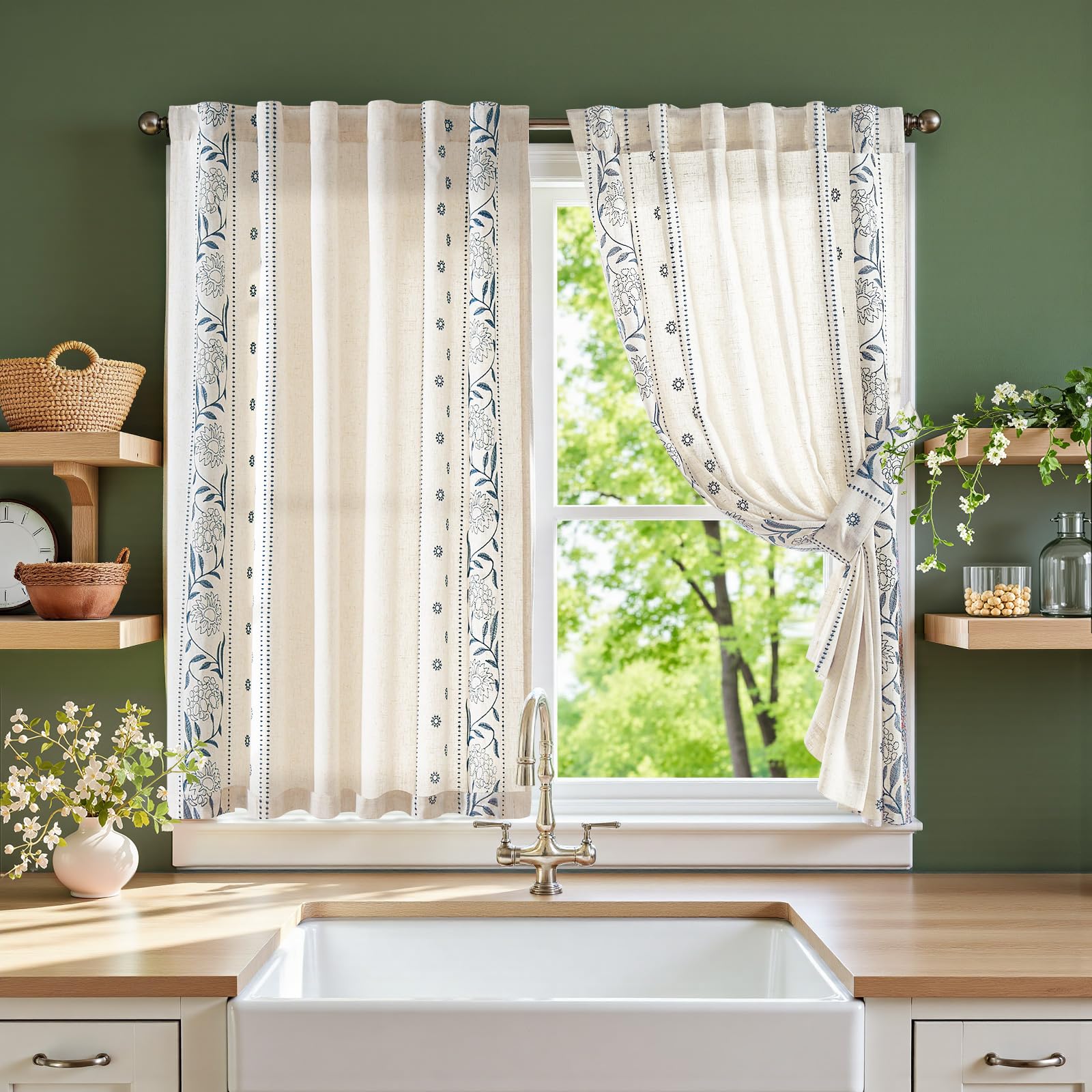 jinchan Winslow Linen Curtains for Bedroom 84 Inches Length Embroidered Bordered Floral Curtains for Living Room Farmhouse Decor Light Filtering Window Treatments Ivory on Beige Drapes 2 Panels